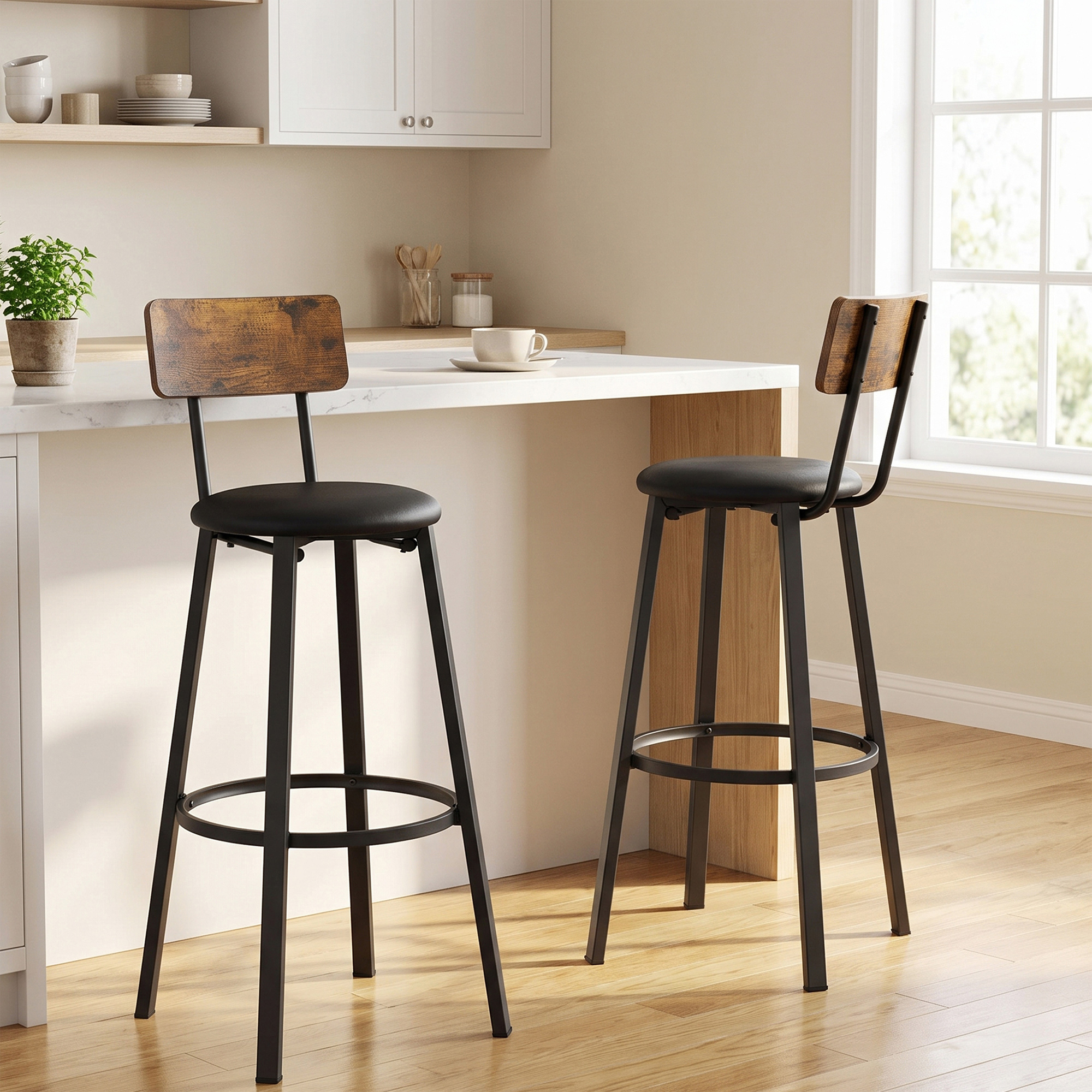 VASAGLE Bar Stools Set Of 2 Bar Stools PU Cover With Footrest Easy Assembly Industrial Design Dining Kitchen Counter Bar Vintage Brown Ink Black LBC069B81