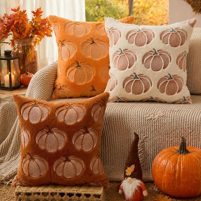 Rust Pumpkin Plush Fall Pillow Cover, 18x18 Inch Soft Autumn Decorative Cushion Cover 3