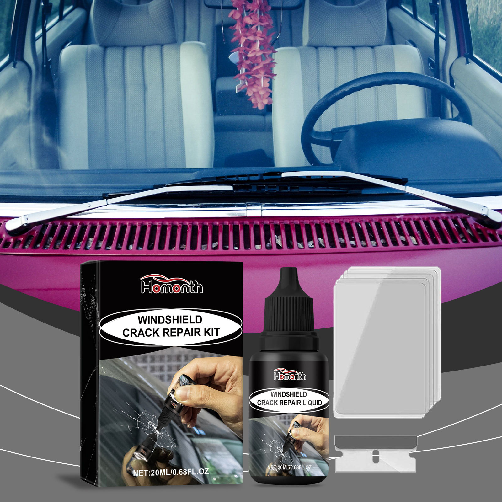 Windshield Repair Fluid, Glass Crack Decontamination Clear View 3