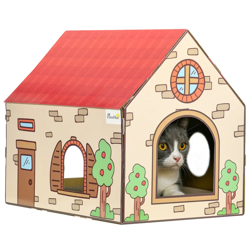 Cardboard Cat House, Recyclable Corrugate Scratcher for Indoor Cats, Burgundy — image 2