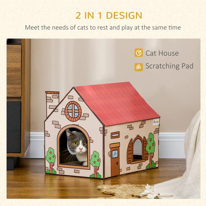 Cardboard Cat House, Recyclable Corrugate Scratcher for Indoor Cats, Burgundy