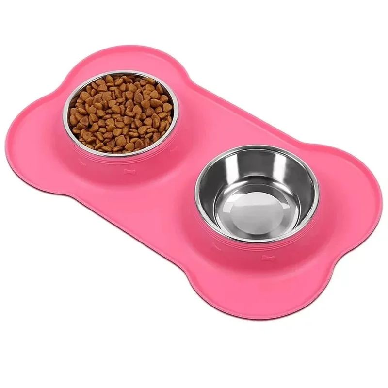 Dog Bowl Stainless Steel Double Food Water Bowls Non Slip Puppy Cat Pet Feeder with Silicone Mat