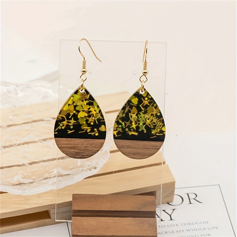 1 Pair Gold Star Heart Glitter Drop Resin Wood Dangle Earrings Bohemian Party Style Women's Accessories 3