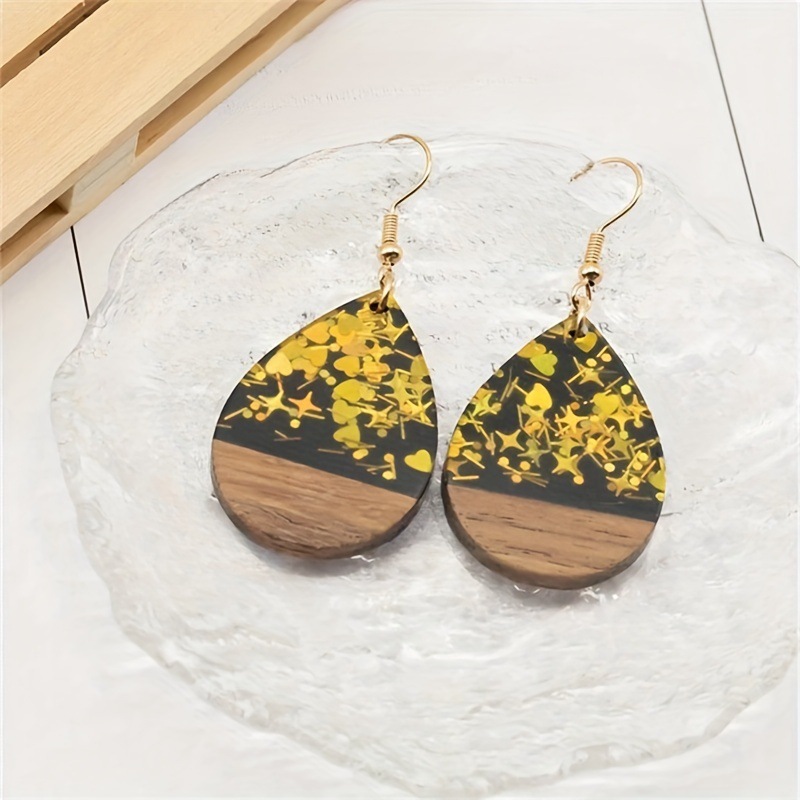 1 Pair Gold Star Heart Glitter Drop Resin Wood Dangle Earrings Bohemian Party Style Women's Accessories 4