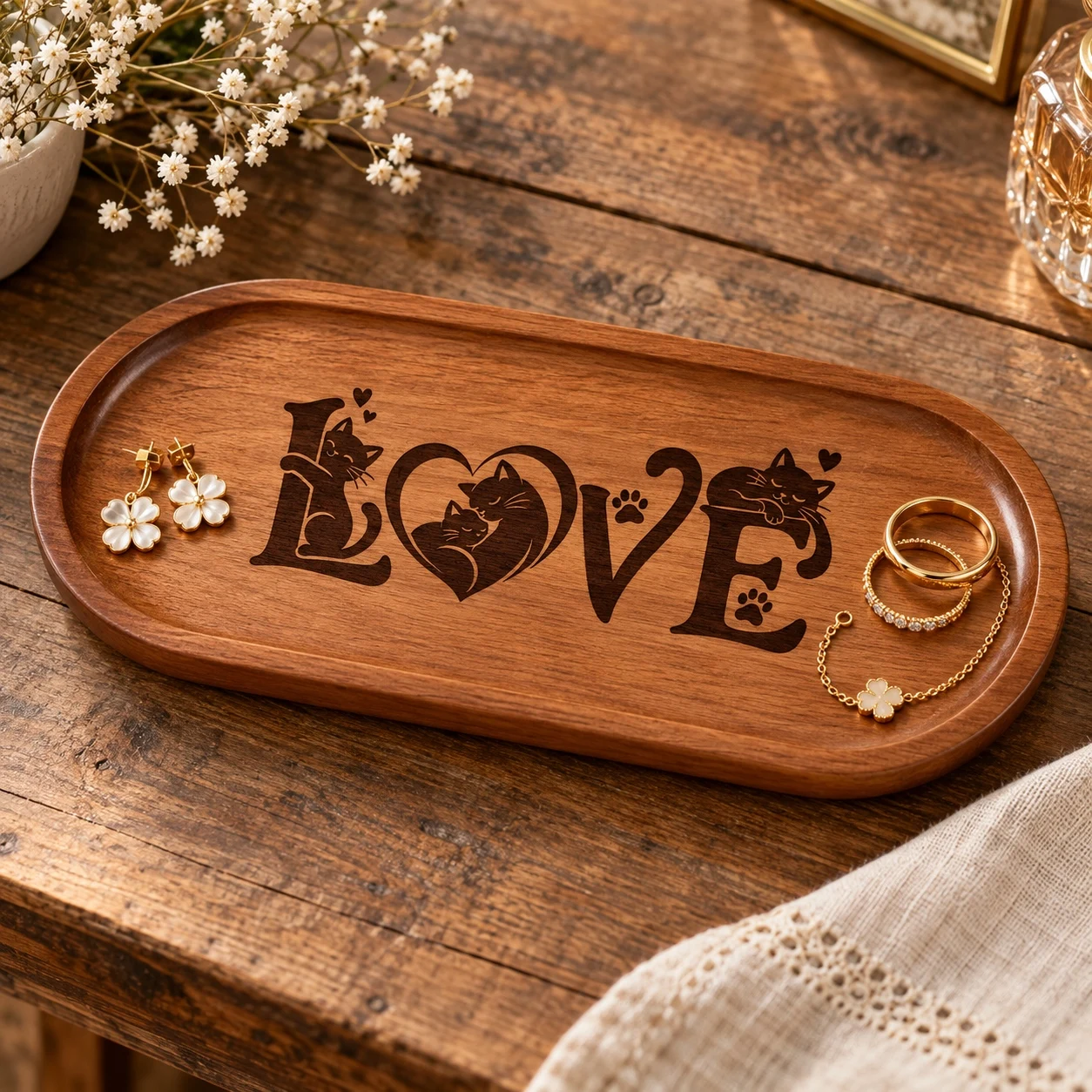 Cat Love Wooden Jewelry Tray, Engraved Ring Dish, Trinket Organizer, Wood Jewelry Holder, Gift For Lovers, Anniversary Gift