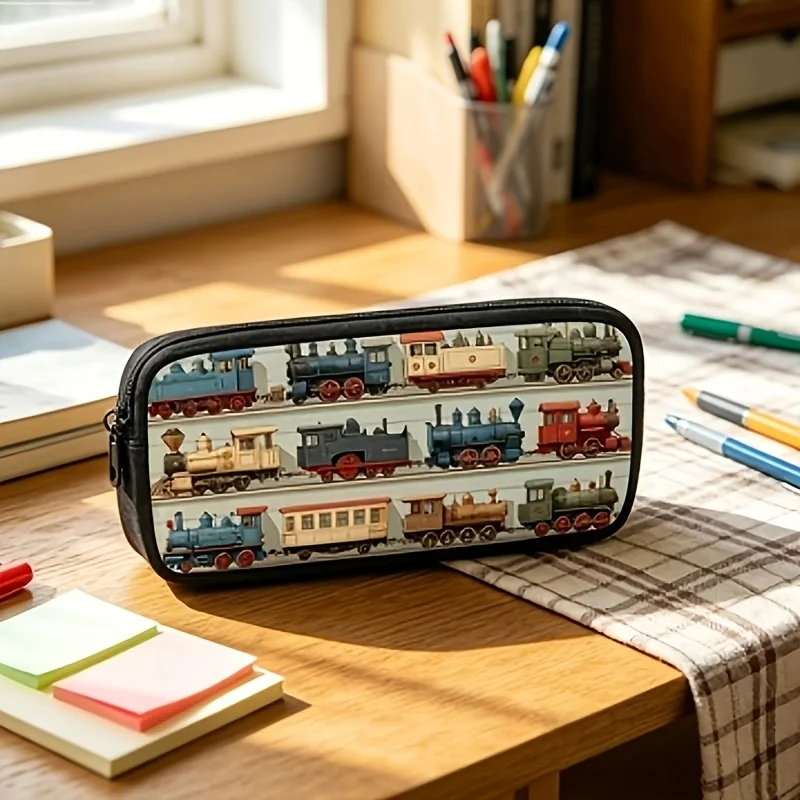 Retro Little Train Pattern Portable Pencil Case, Student Large Capacity Stationery Pencil Bag Stationary Organizer