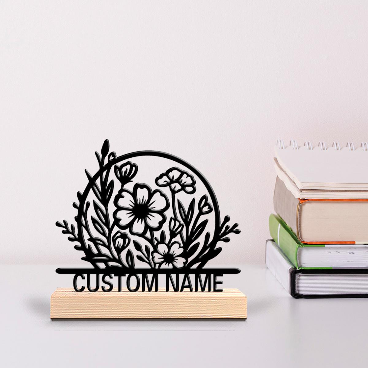Statuie personalizată cu flori din metal, cu bază botanică din lemn, decor de birou din fontă, nume și floare personalizate, ornament pentru birou Zen, cadou
