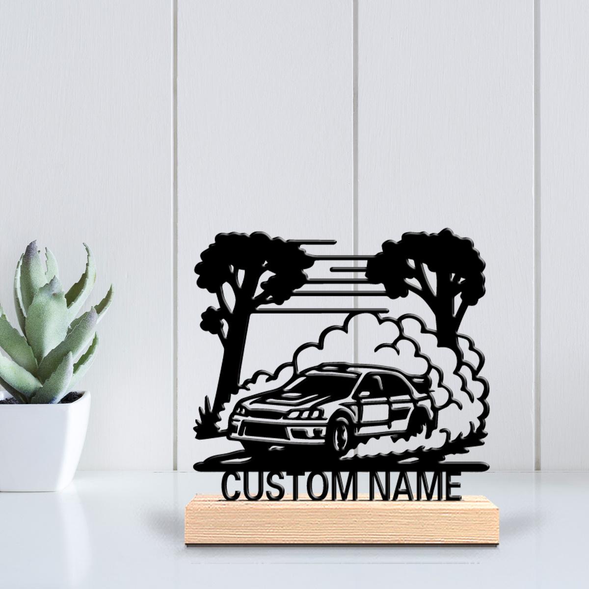 Sculptură din metal cu mașină de curse personalizată cu bază din lemn, decor de birou pentru masă, cadou cu temă masculină pentru fanii șoferilor de curse