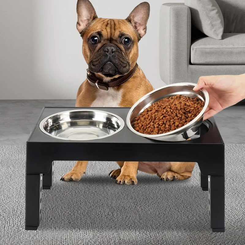 Dog Feeder Bowls Adjustable Raised Stand [Black]