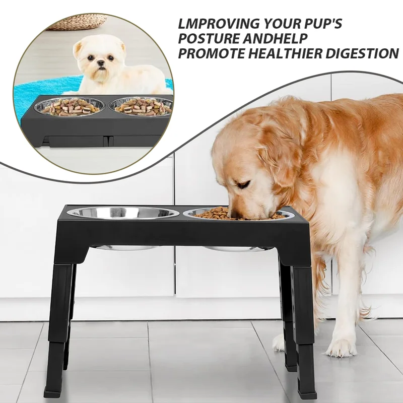 Dog Feeder Bowls Adjustable Raised Stand [Black]