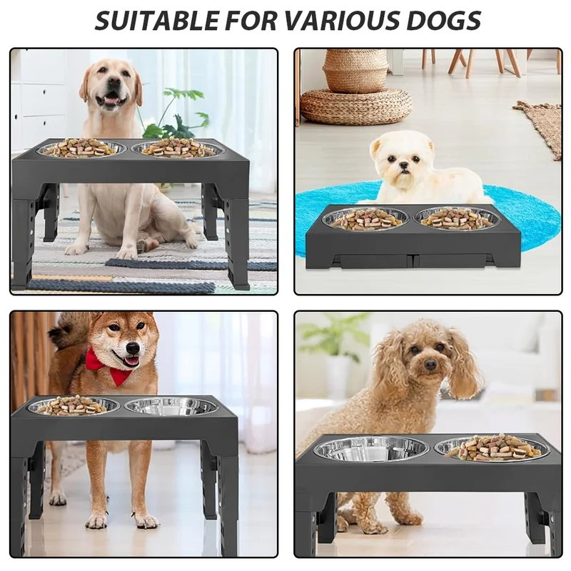 Dog Feeder Bowls Adjustable Raised Stand [Black]