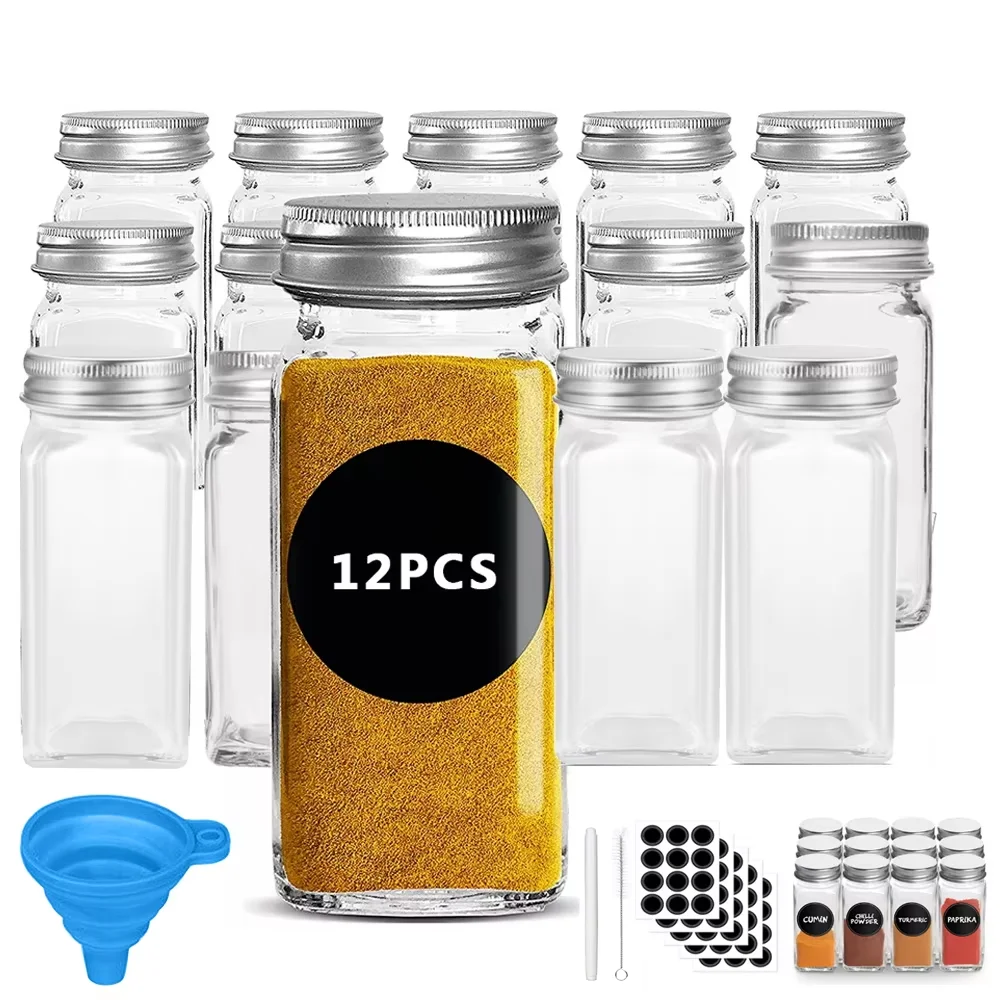 12pc 120ml Glass Spice Bottle Jars Set, Transparent Airtight Rectangular — image 5