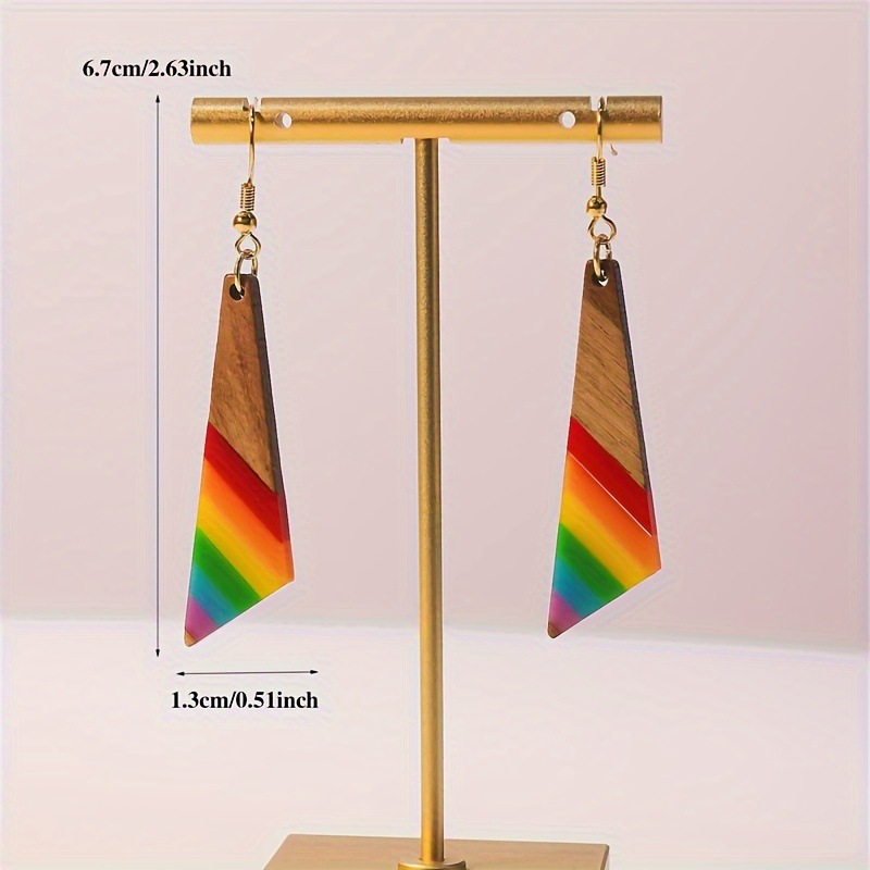 Bohemian Rainbow Striped Asymmetric Triangle Dangle Earrings Women Wood Resin Jewelry Summer Beach Party Gift