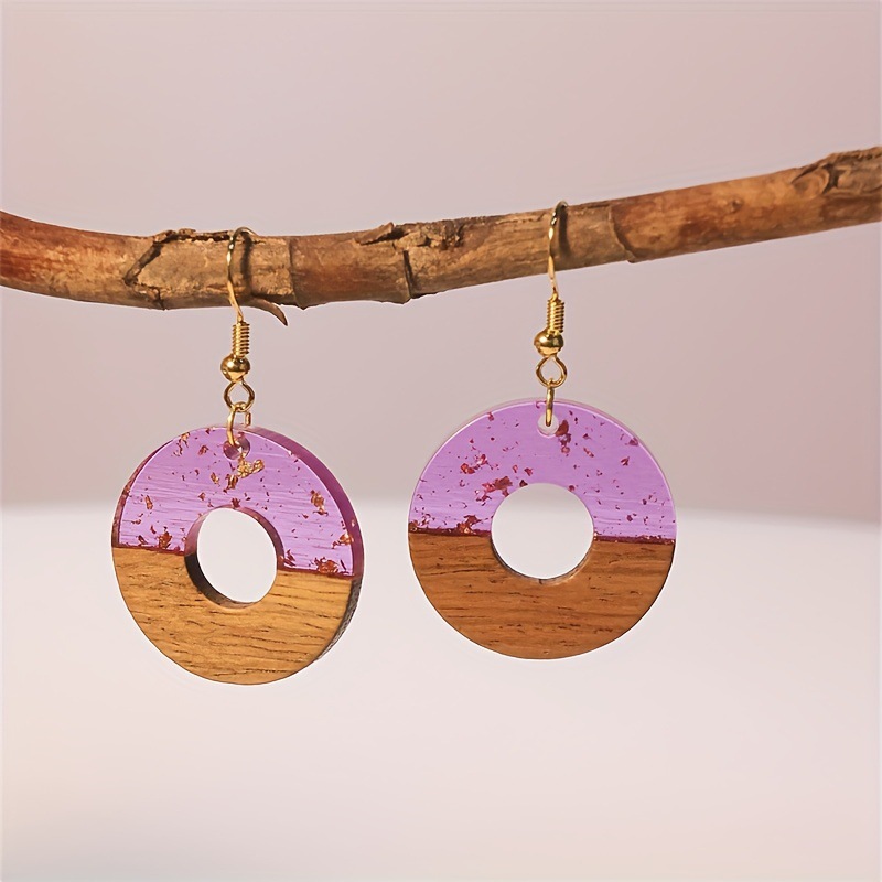 Cercei vintage din rășină de lemn, cercei rotunzi rotunzi cu folie de aur Taro Purple, accesorii de călătorie minimaliste pentru femei