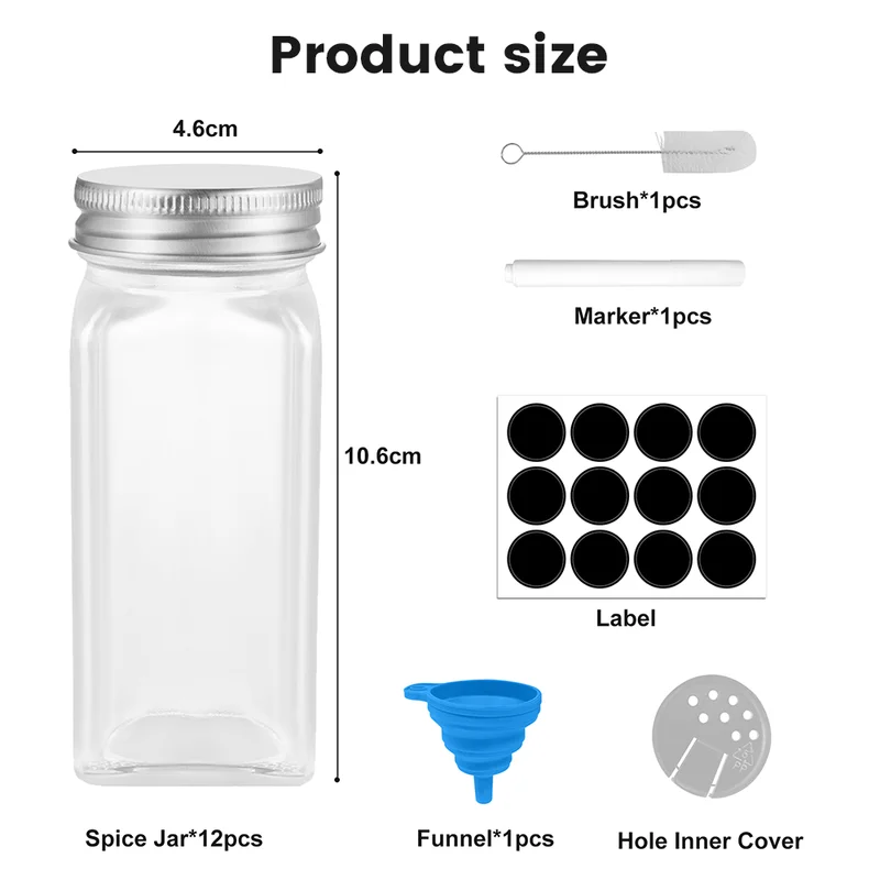 12pc 120ml Glass Spice Bottle Jars Set, Transparent