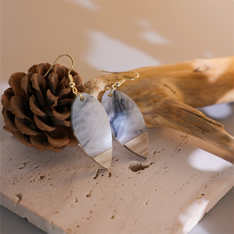 1 Pair French Retro Ink Marble Pattern Resin Leaf Earrings for Women Daily Party Office, Mother's Day Gift