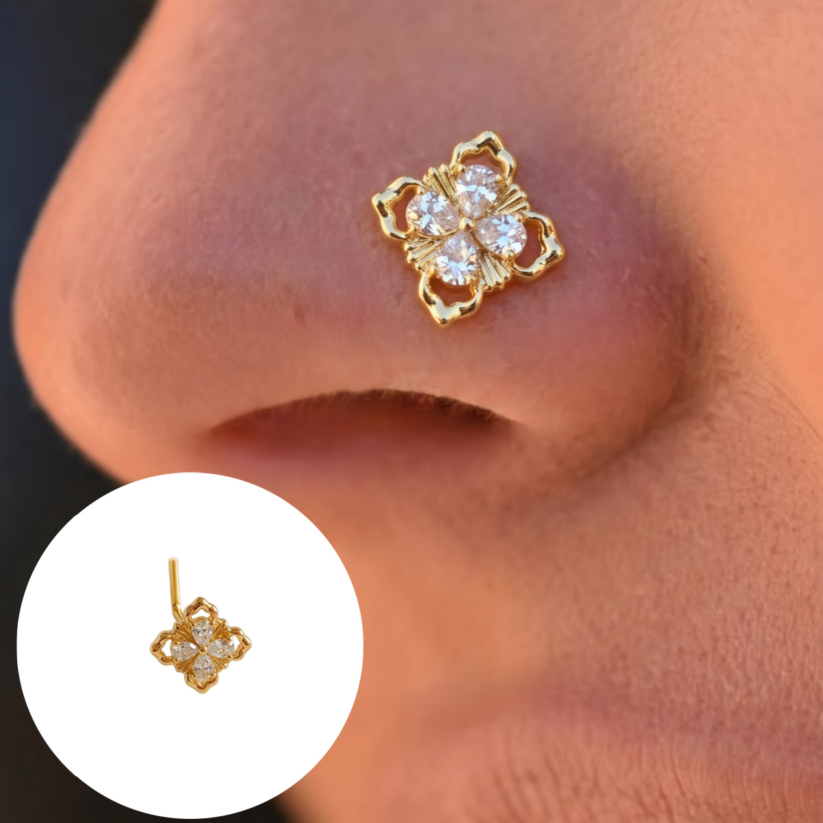 1BUC Placat cu aur Vintage 4 petale Floare Nas Piercing Stud Zircon Femei Baroc Holoc Floral L Forma Curbat Bar Nas Pin