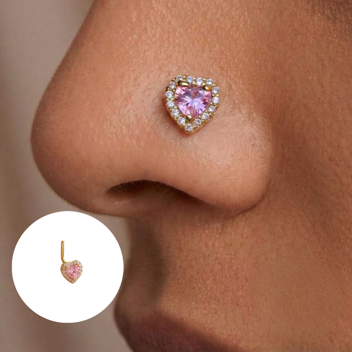 1Pair Elegant Minimalist Pink Heart Zircon Nose Jewelry Versatile Women's L-Shaped Stud Nose Piercing Pin