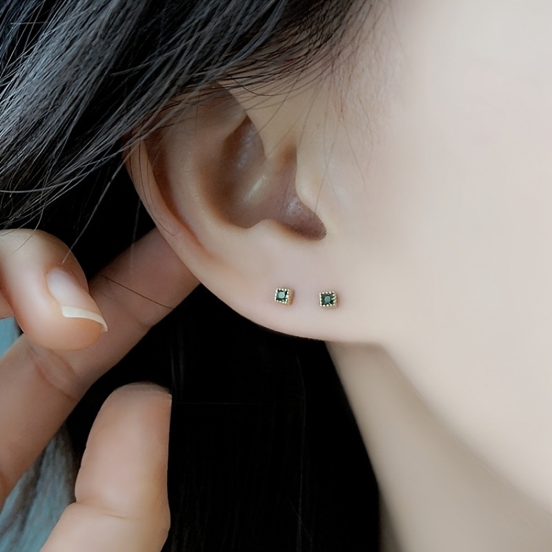 Mini Green Zircon Square Stud Earrings