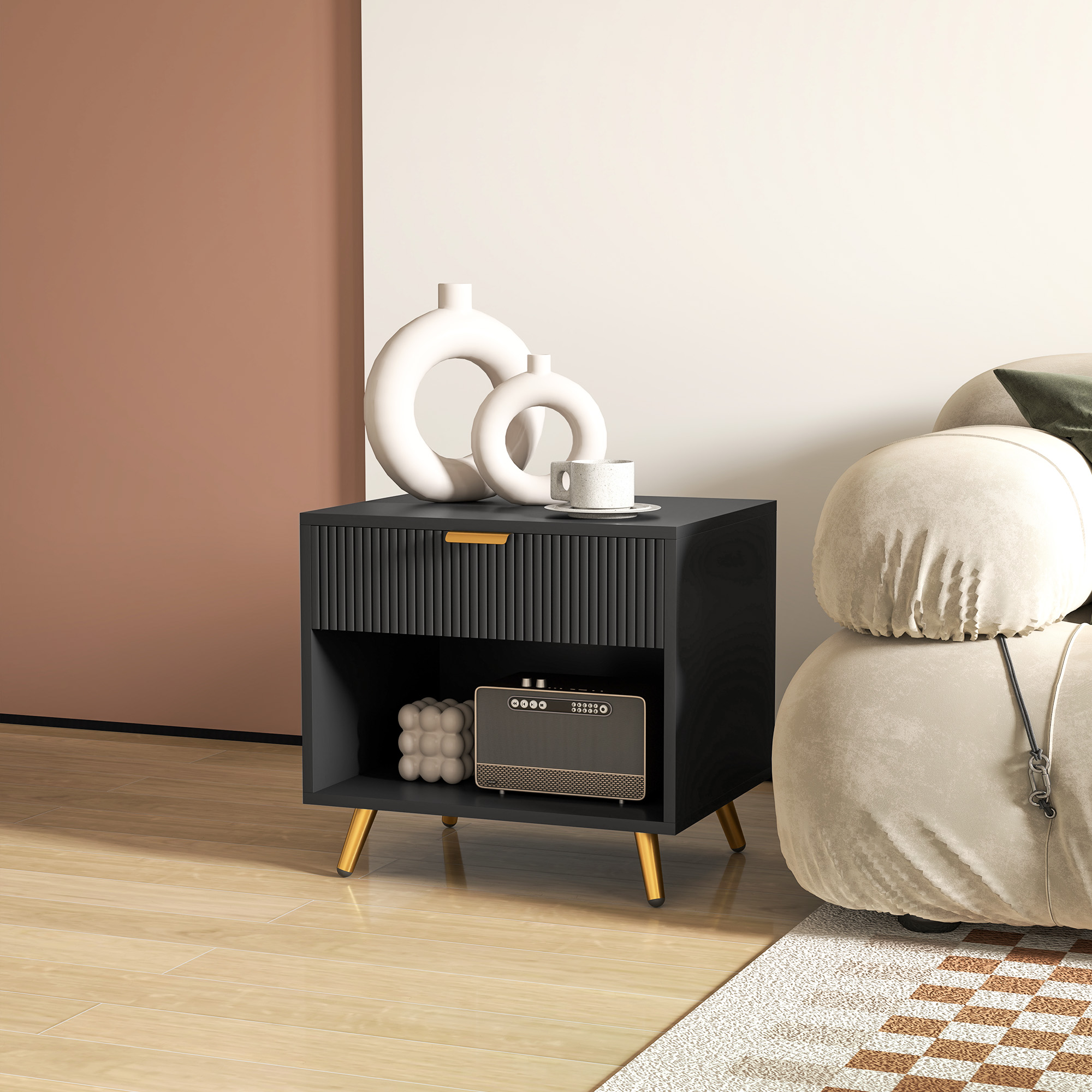 Elegant Bedside Table,with Drawer And Shelf-Black/Gold Tone — image 4