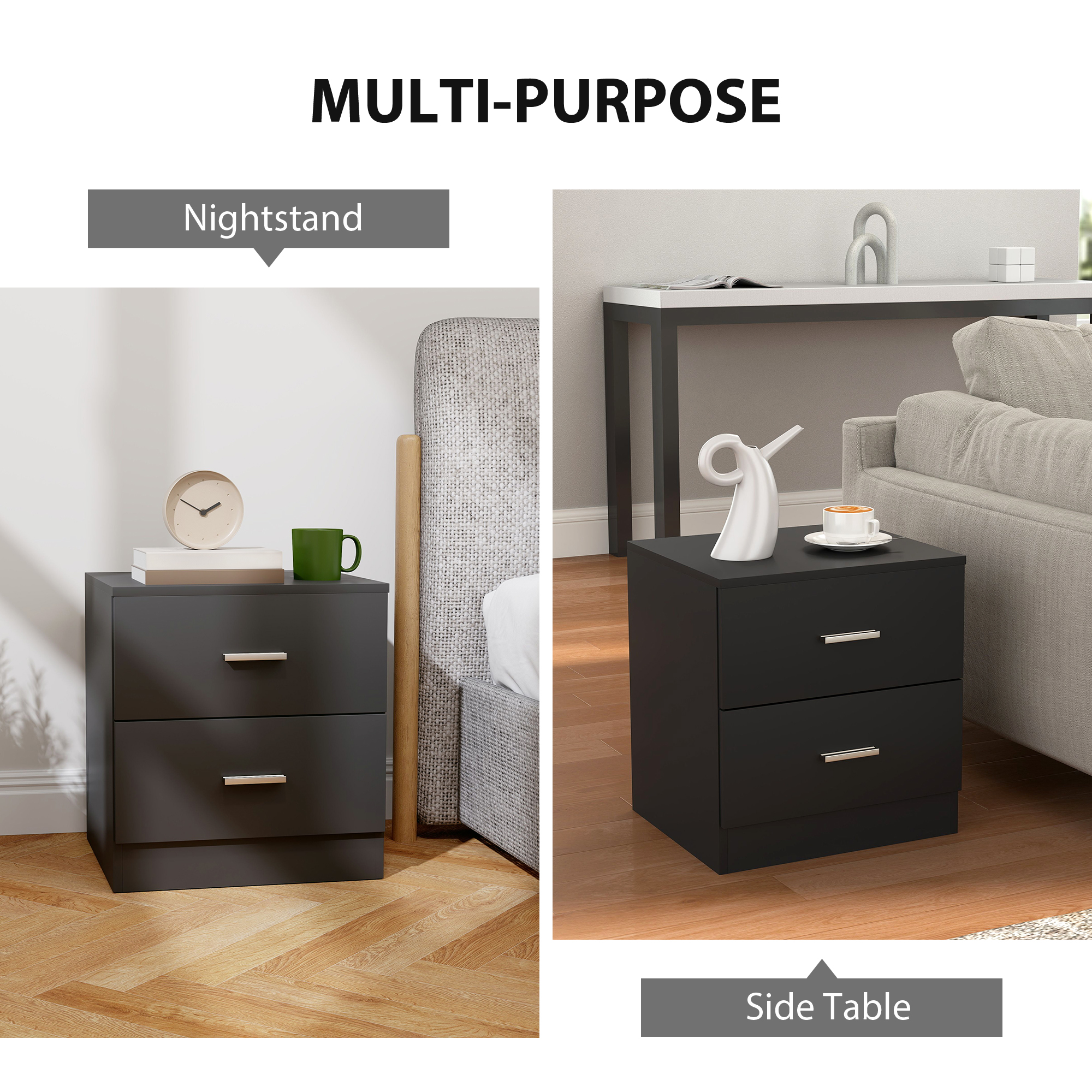 Modern Bedside Table,Beside Cabinet With 2 Drawers,for Bedroom,Living Room,Black — image 3