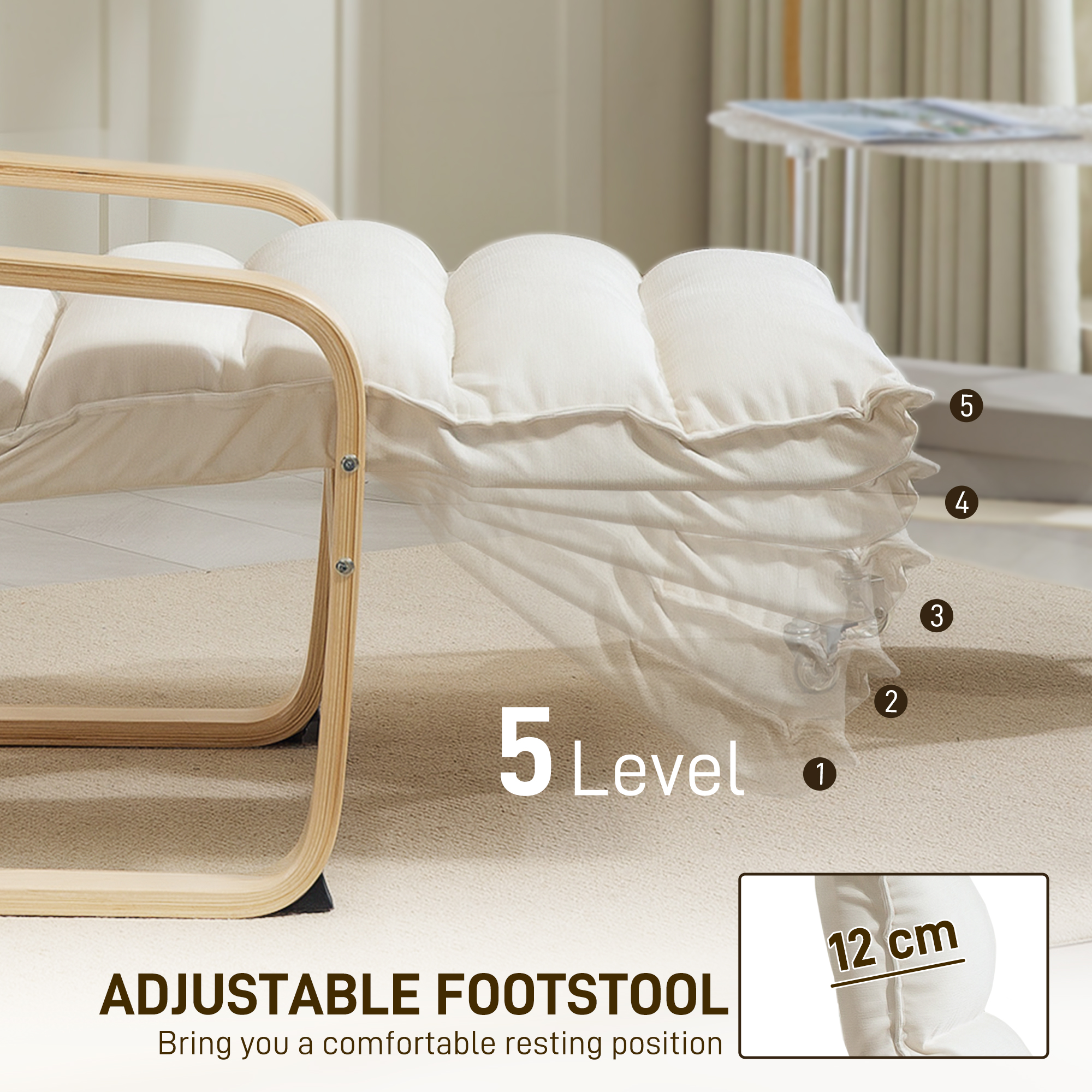 Curved Wooden Accent Chair,with Adjustable Footrest-Cream White — image 2