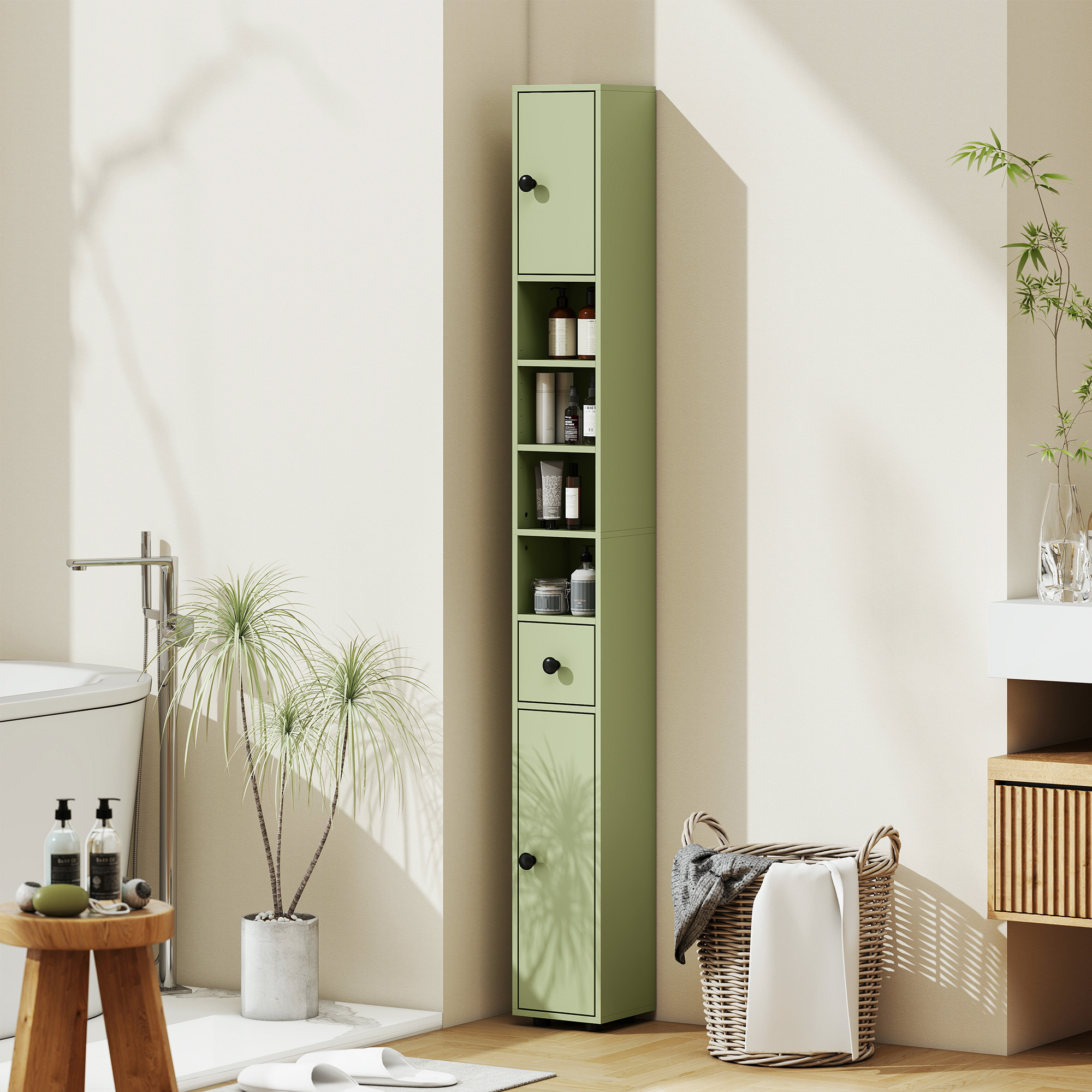 180cm Slim Bathroom Cabinet,with Drawer,Shelves And Cupboards-Green — image 2