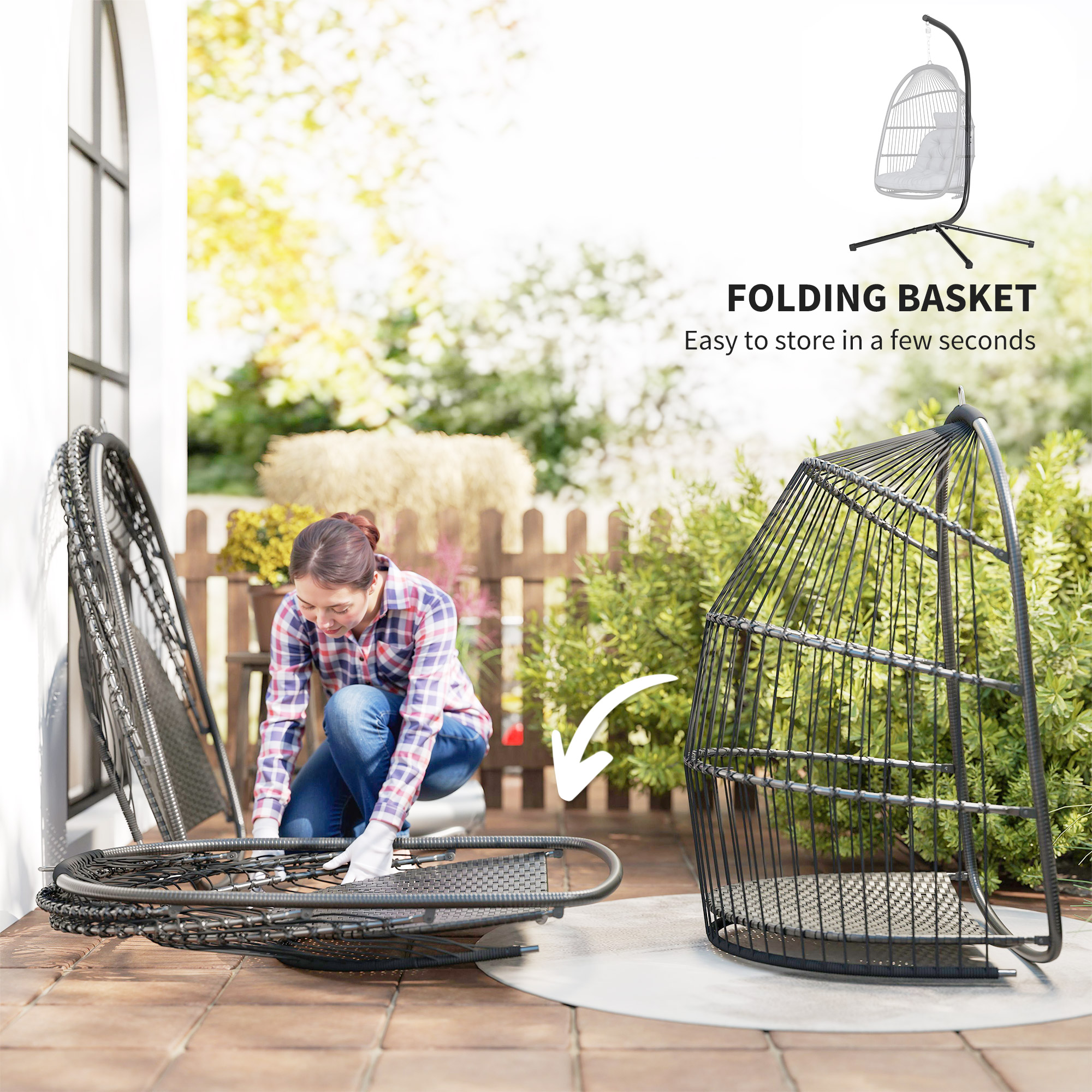 Hanging Egg Chair With Stand,Foldable Wicker Swing Cushion,Head Pillow,Steel — image 3