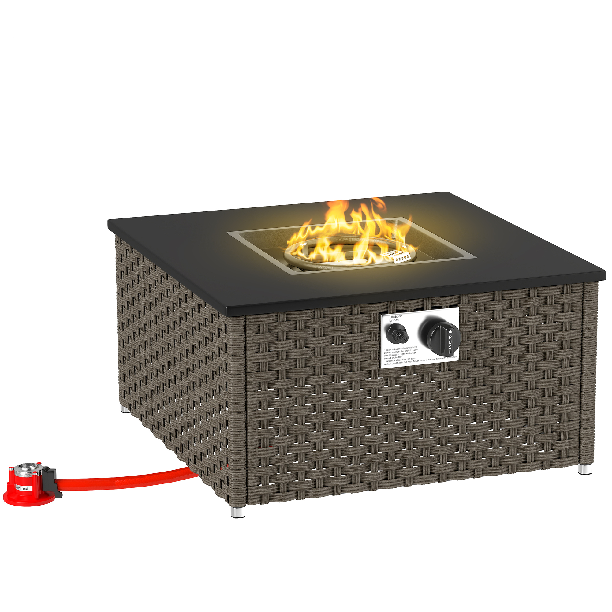 Rattan Gas Fire Pit Table For Garden,13 KW Smokeless Propane With Lid,Square
