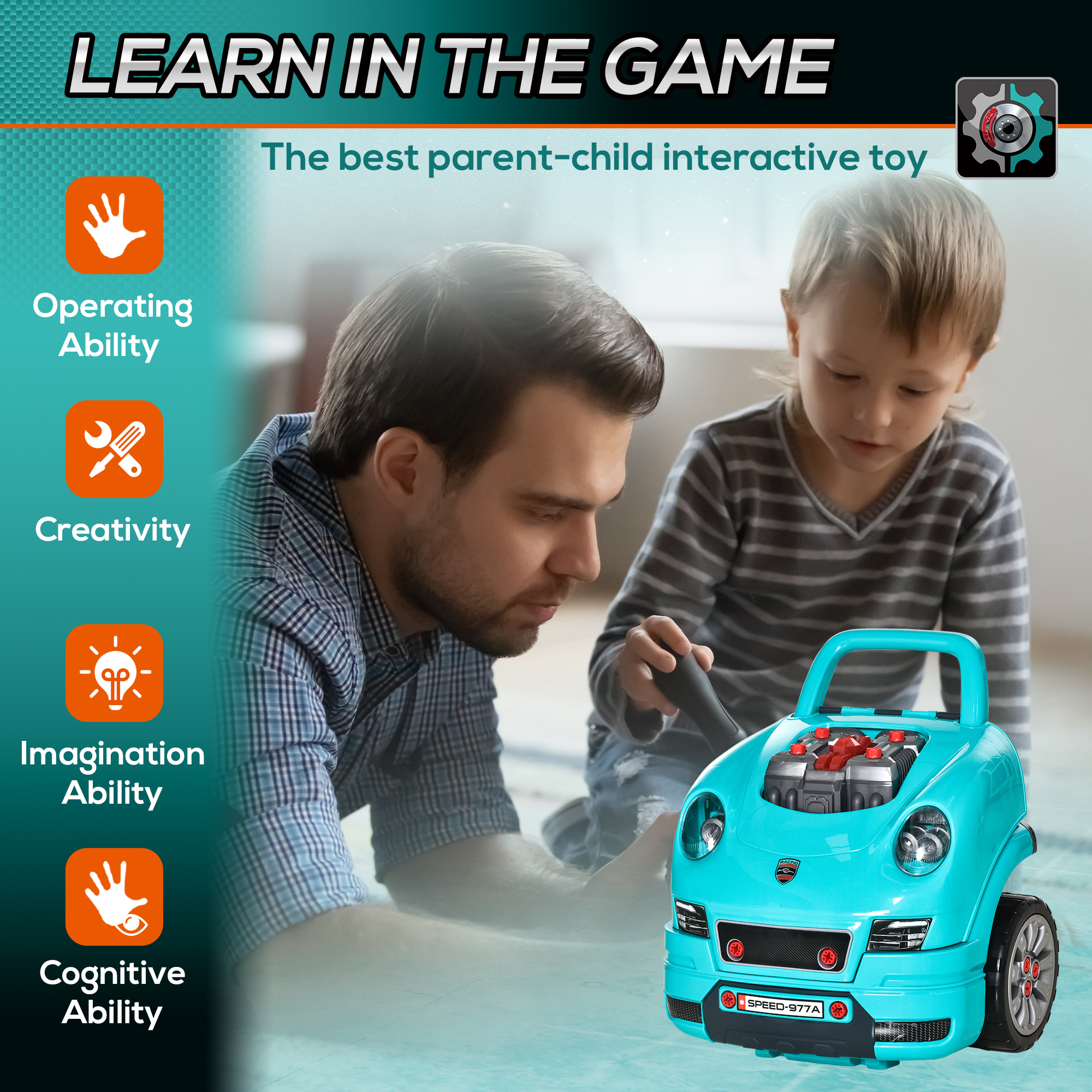 Kids Truck Engine Toy Set,with Horn,Light,Car Key,for Ages 3-5 Years-Teal — image 4