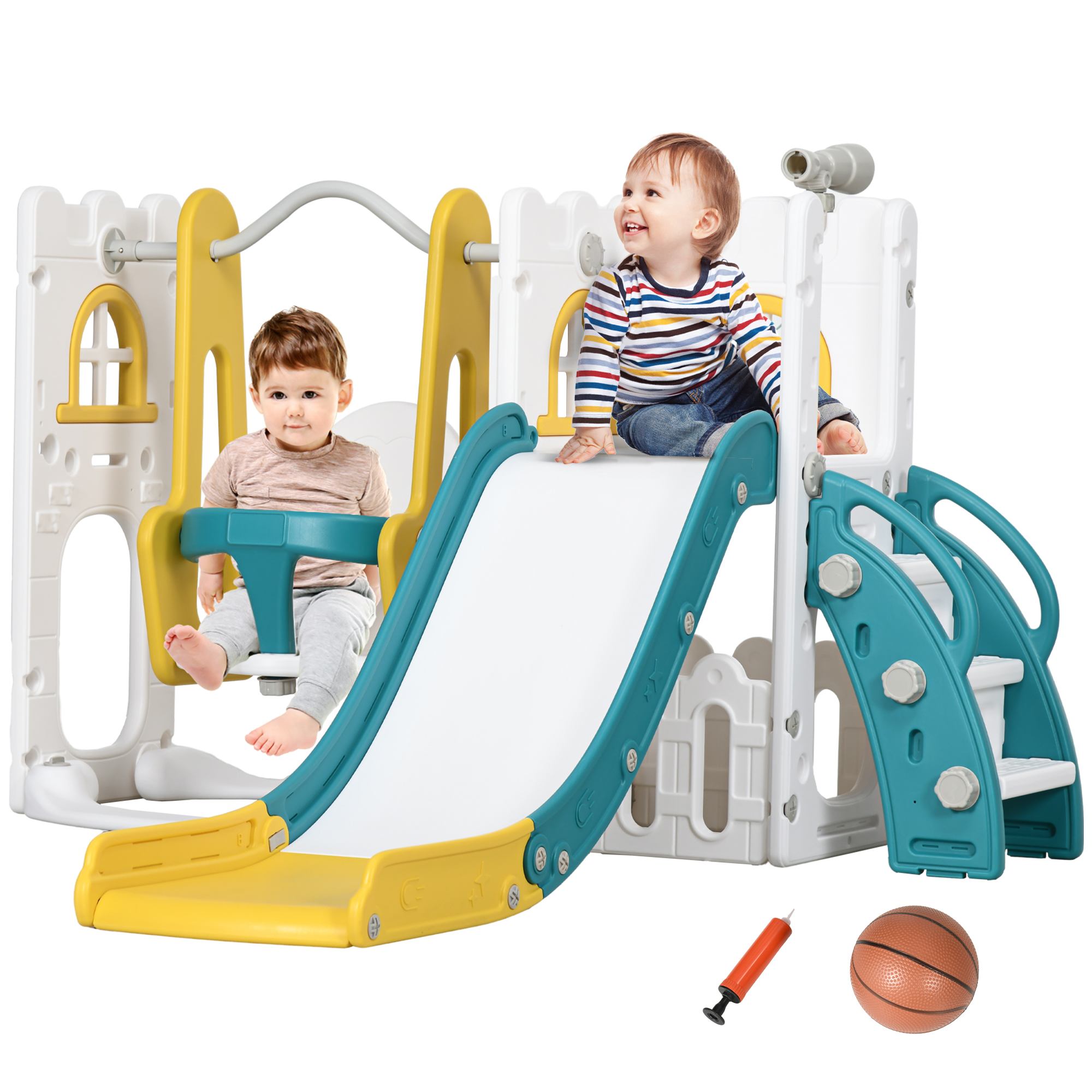 6-in-1 Swing And Slide Set,Kids Playground With Basketball