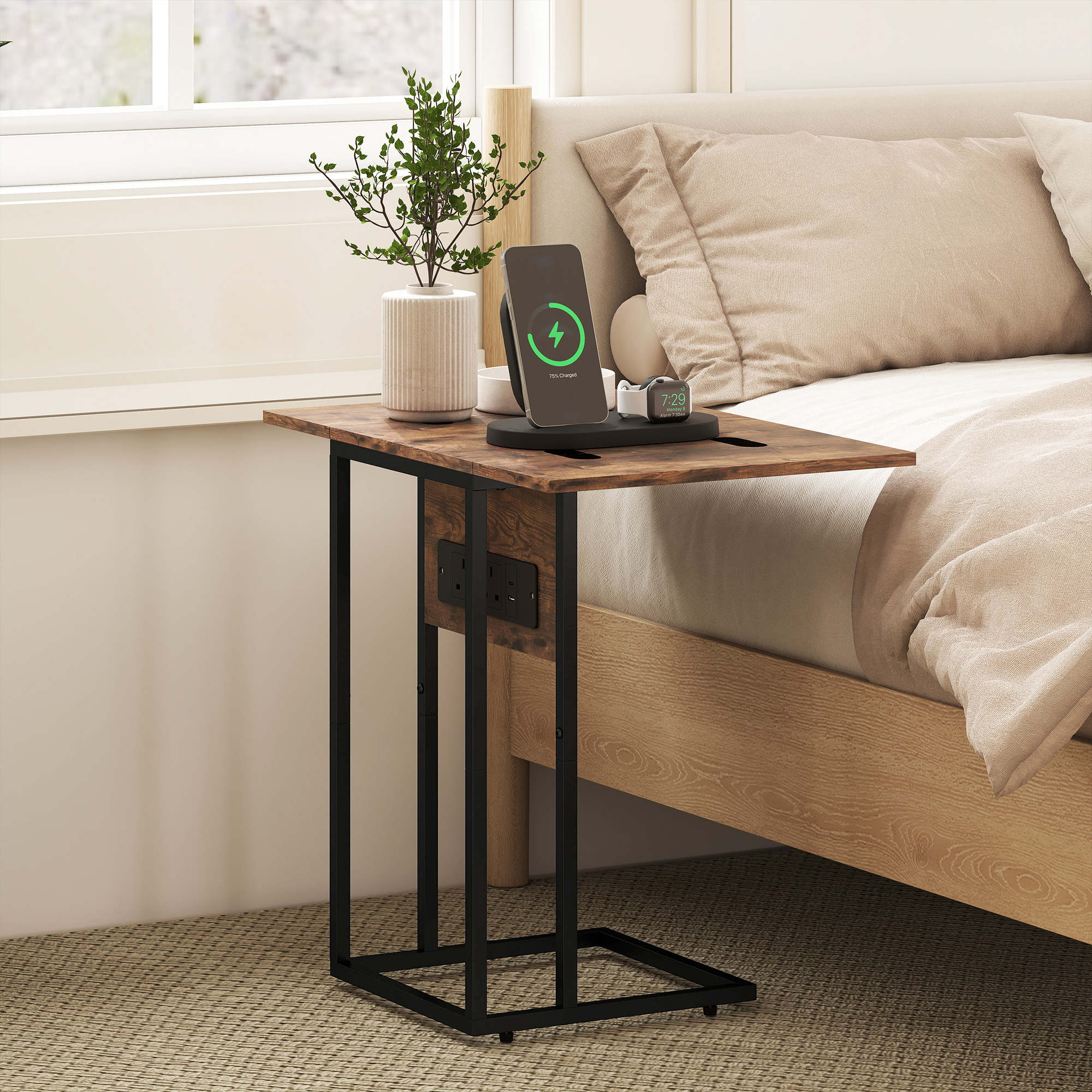C Shaped Side Table With Charging Station And Foldable Top-Rustic Brown — image 2