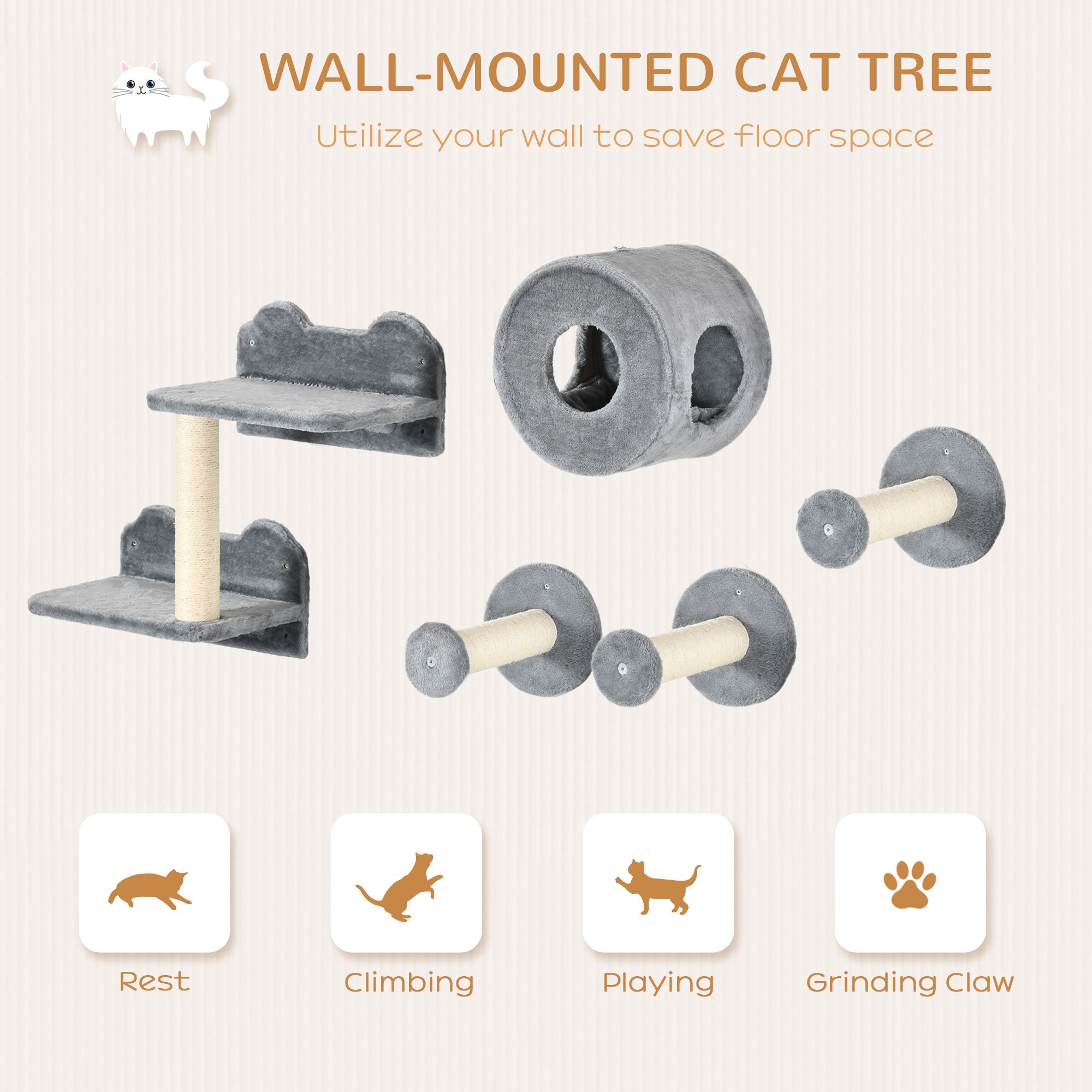 5PCs Cat Wall Furniture With Perch,Cat House,Scratching Post detail photo 7