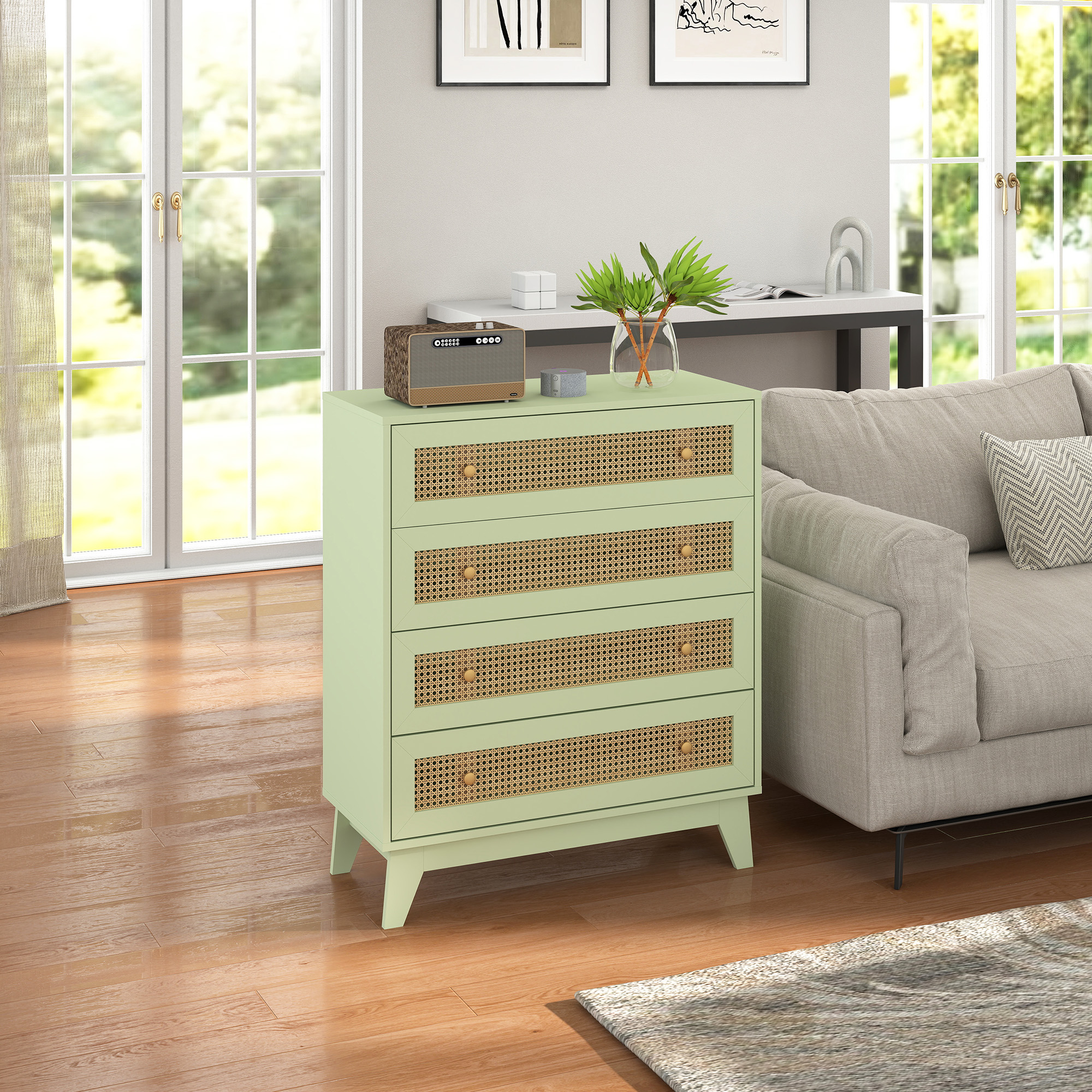 Chest Of Drawers,4-Drawer Storage Organiser Unit With Rattan Element