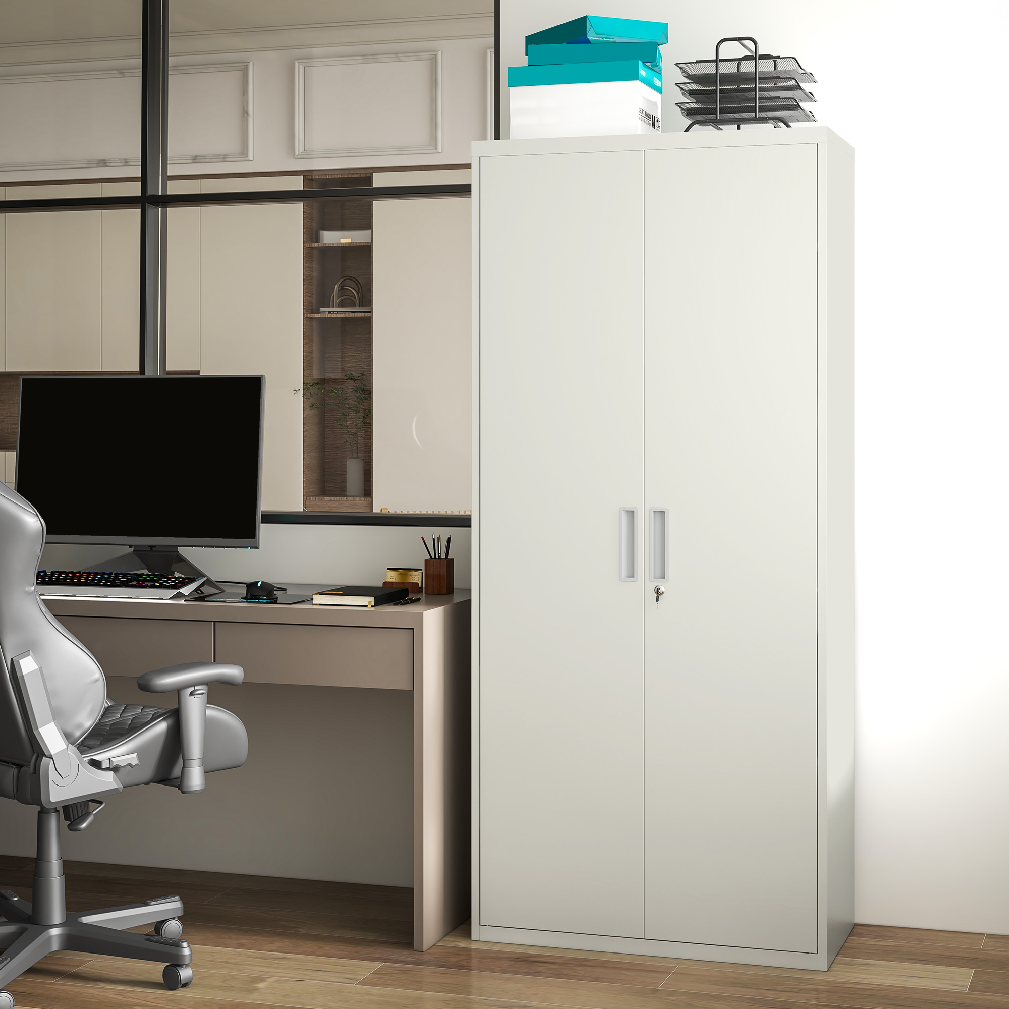 Five Shelf Lockable Steel Office Cabinet-White — image 2