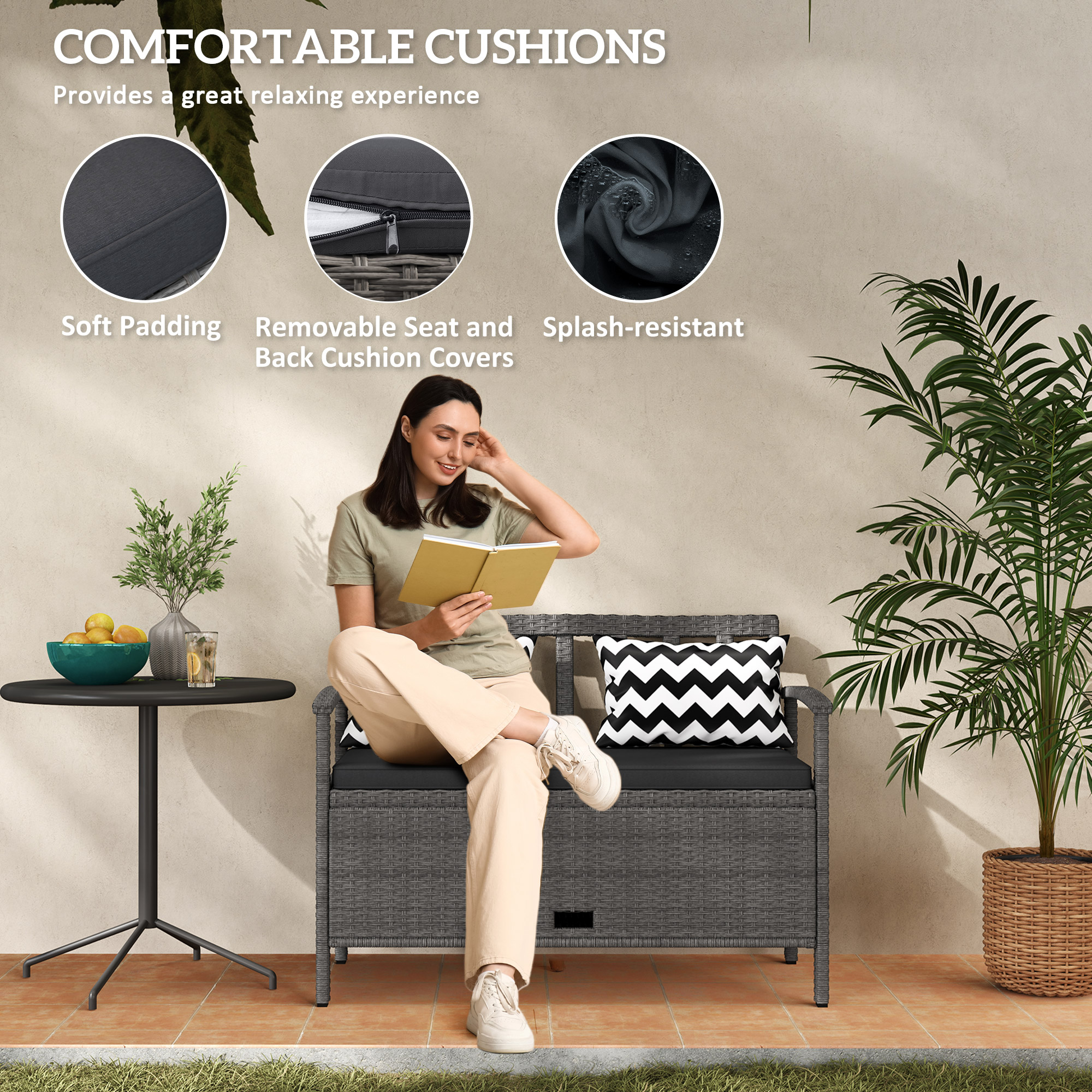 160L Storage Two-Seater Rattan Bench-Grey — image 3