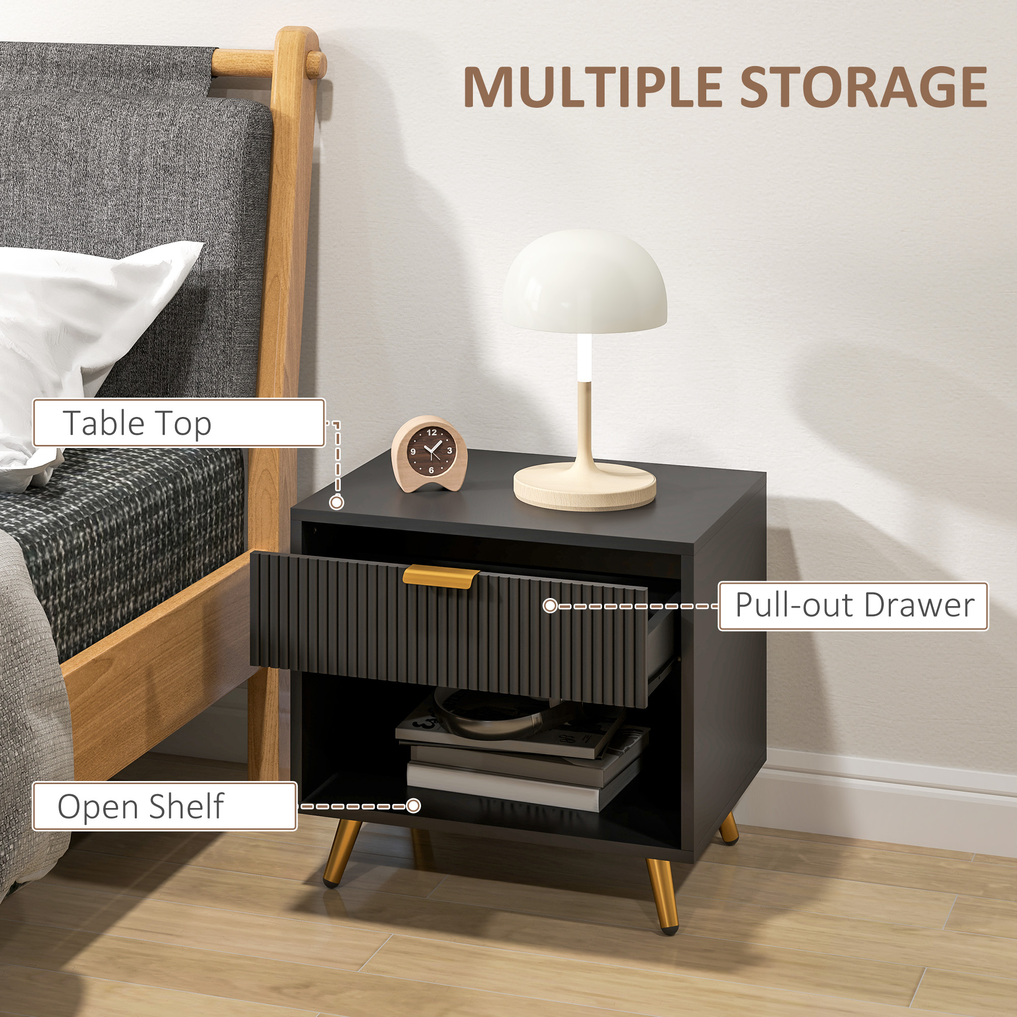 Elegant Bedside Table,with Drawer And Shelf-Black/Gold Tone — image 5