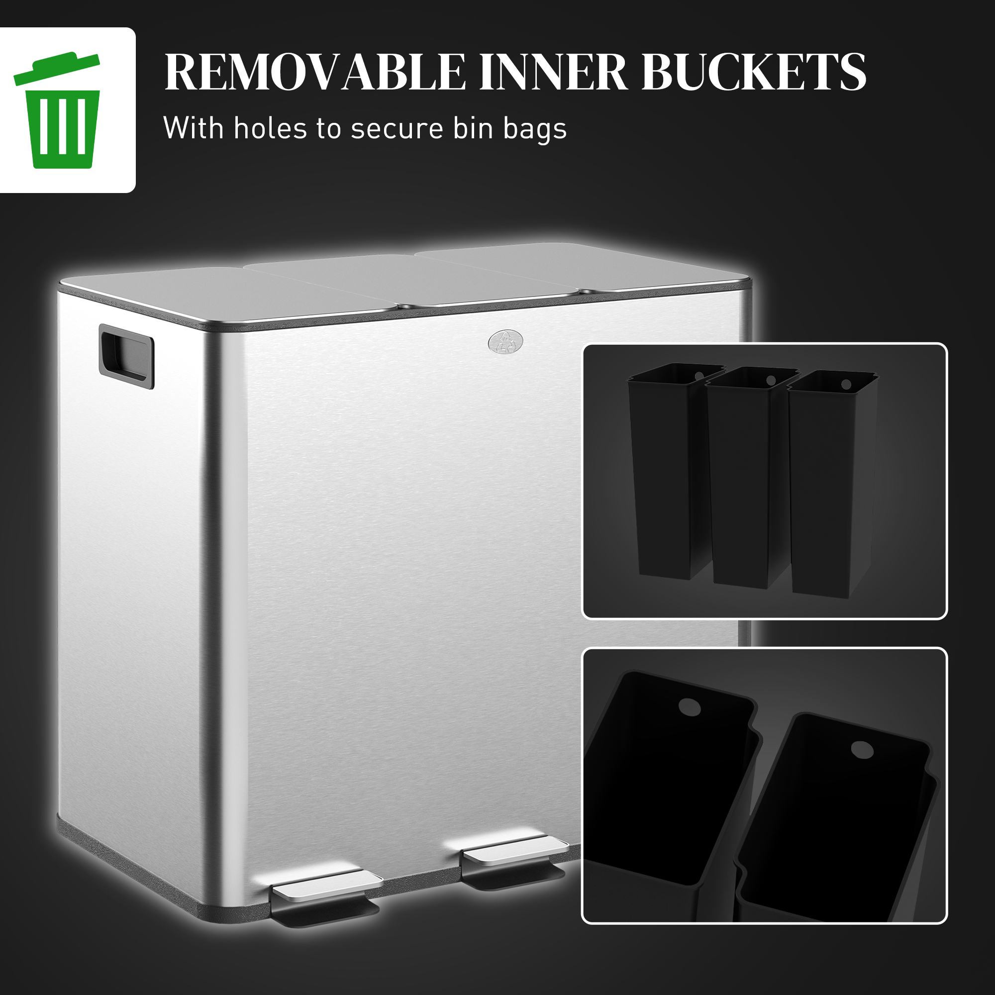 3 X 15L Pedal Bin,Steel Triple Kitchen Bin With Soft Close Lid,Removable Inner