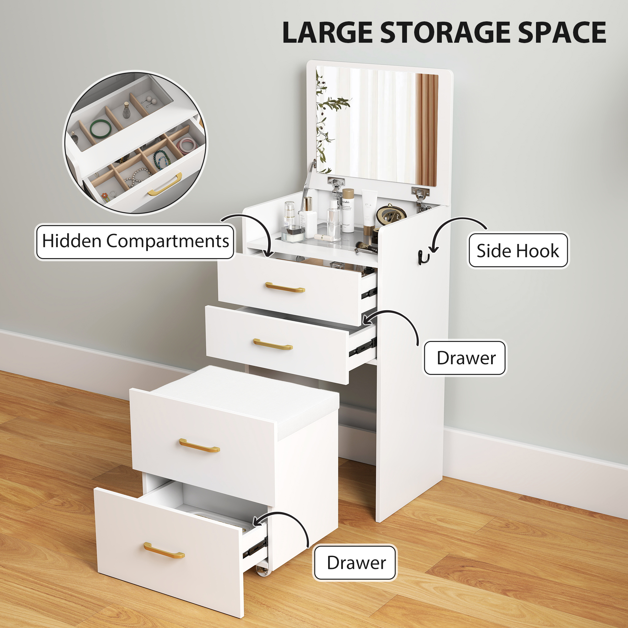 Compact Dressing Table And Stool Set,with Storage-White — image 3