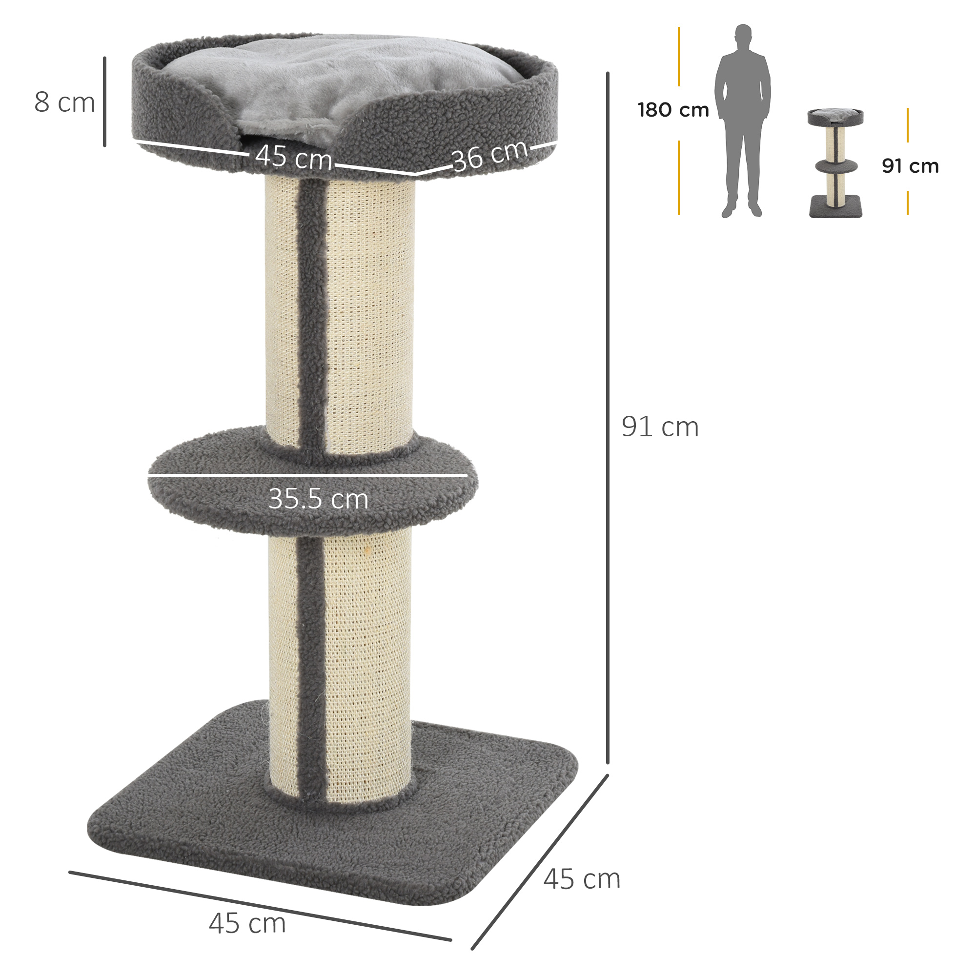 91cm Cat Tree,Cat Tower With Scratching Post,Bed,Perch,Removable Cushion For Indoor Kittens,Grey detail photo 8