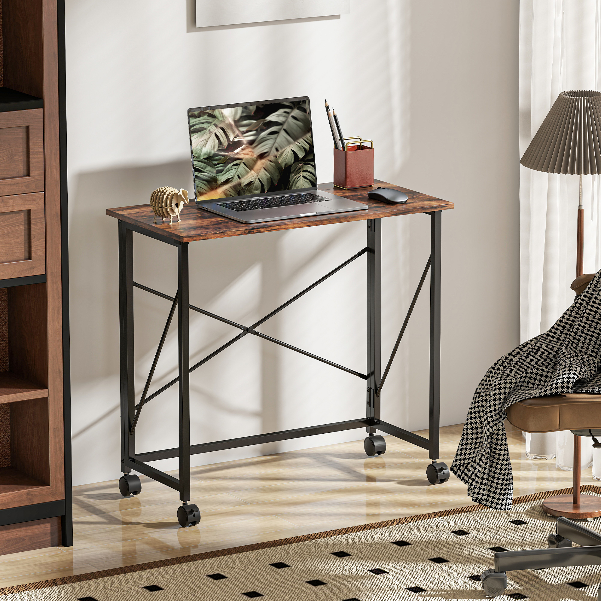 80 Cm Folding Desk On Wheels-Rustic Brown — image 3