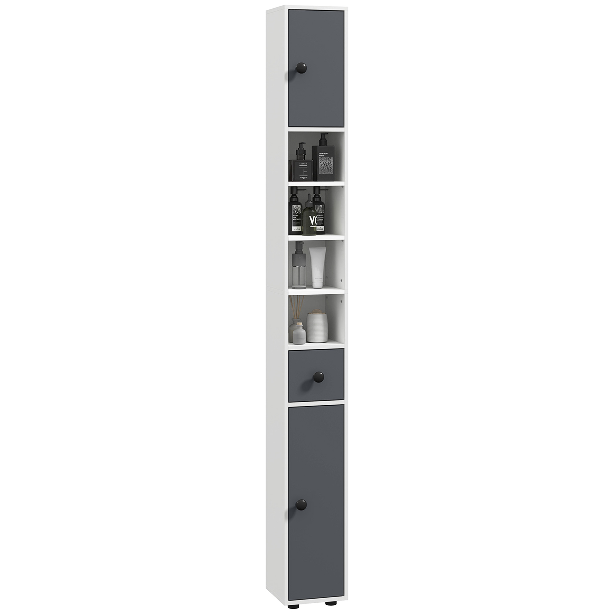 180cm Slim Bathroom Cabinet,with Drawer,Shelves And Cupboards-Grey — image 5