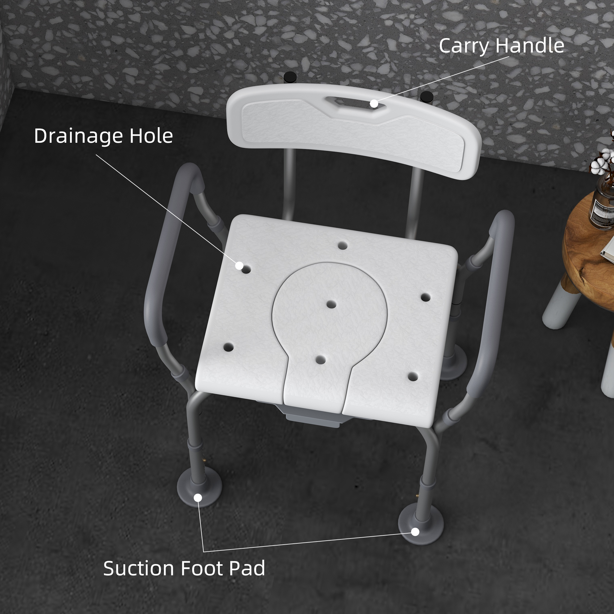 Height adjustable shower stool with arms and back,non-slip