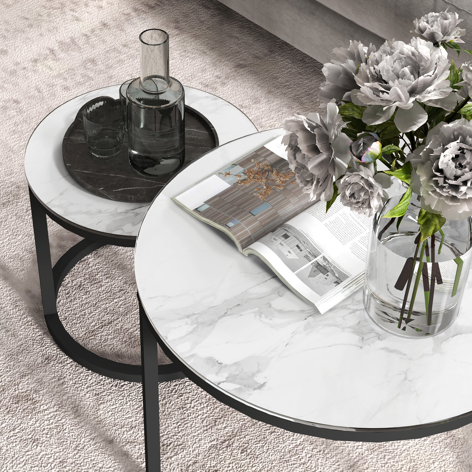 Glass Coffee Table Set Of 2,Round Nest Of Tables With Marble-Effect Tempered — image 3
