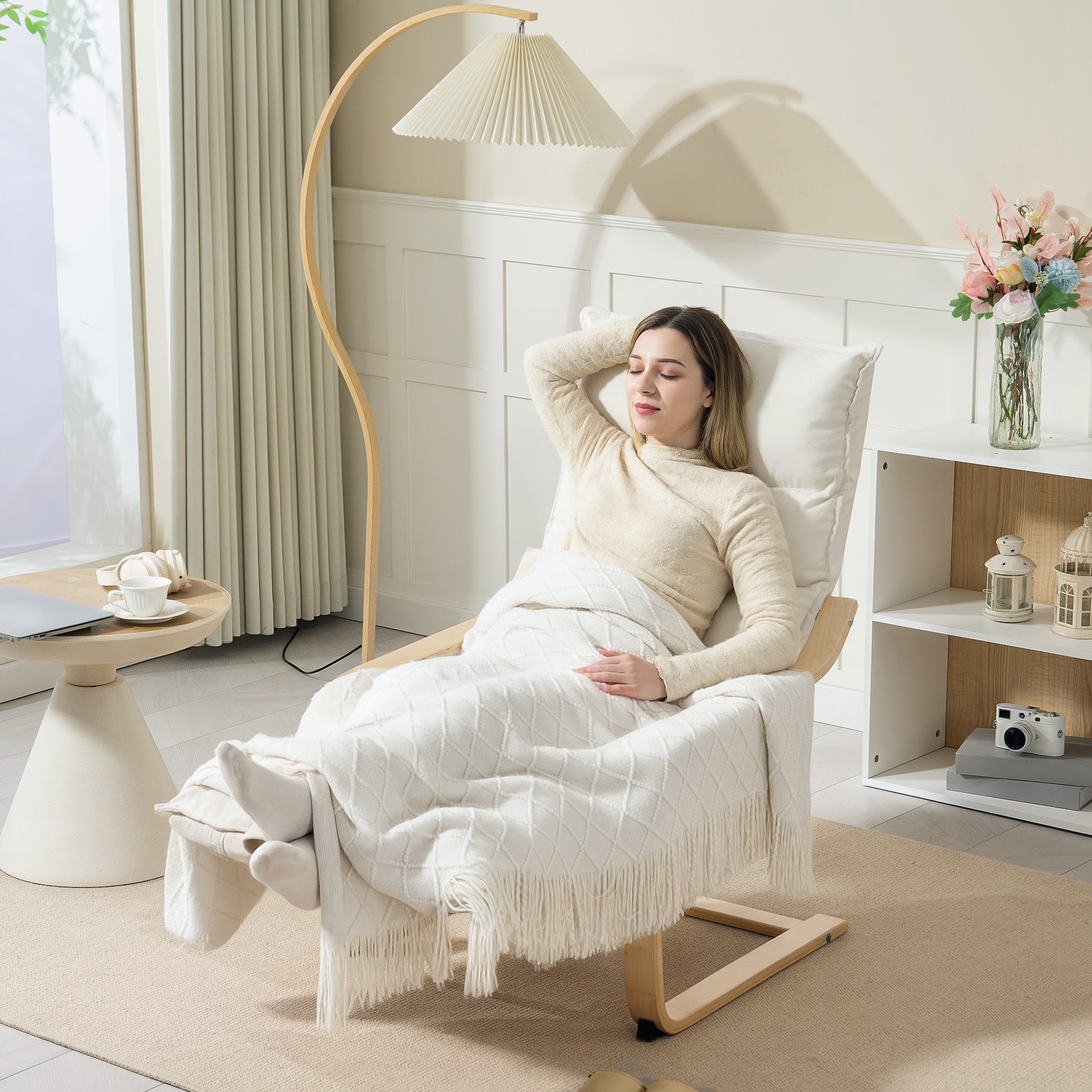Curved Wooden Accent Chair,with Adjustable Footrest-Cream White — image 5