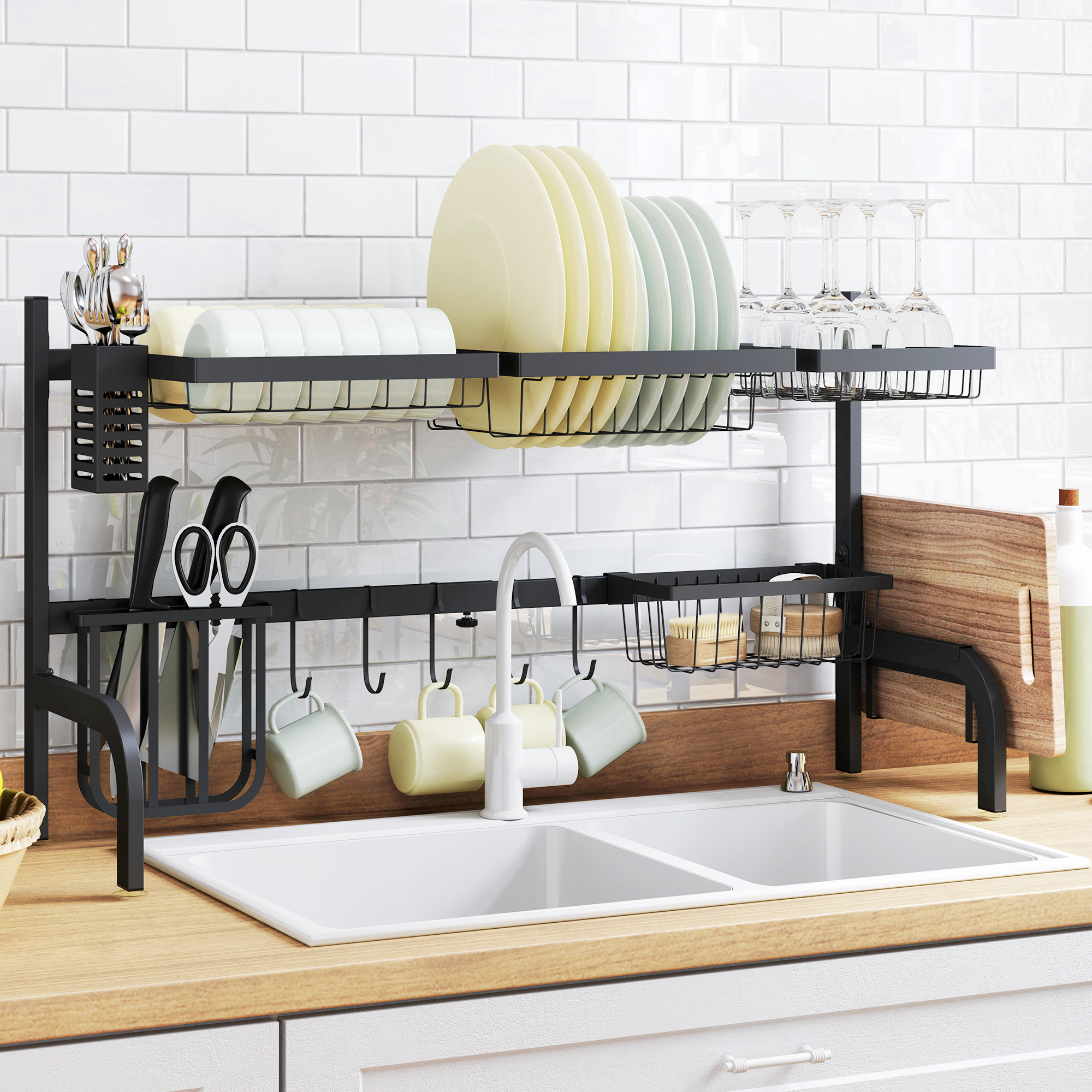 Space saving 2 tier adjustable dish drainer over the sink