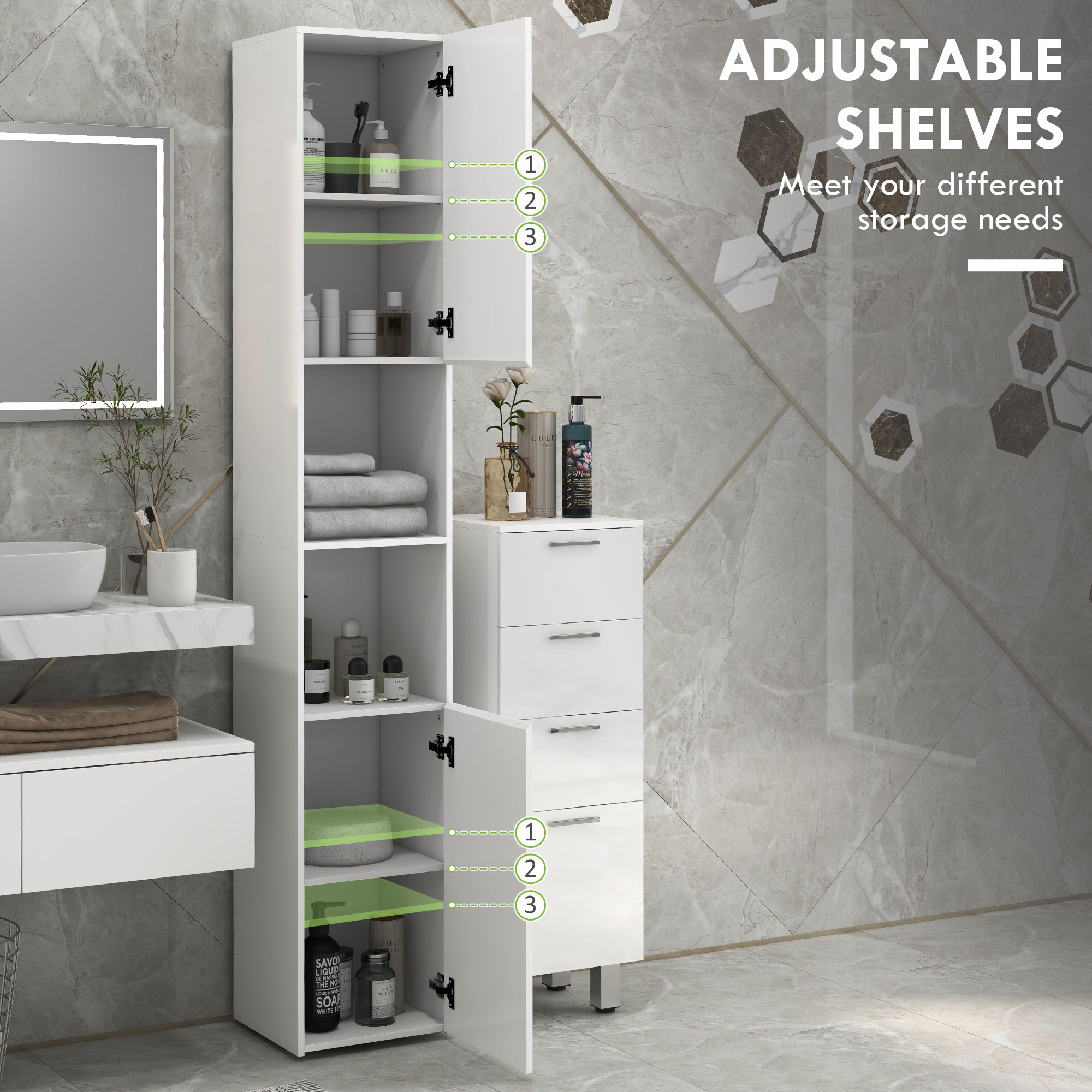 Multi-Storage Slim Bathroom Cabinet-High Gloss White