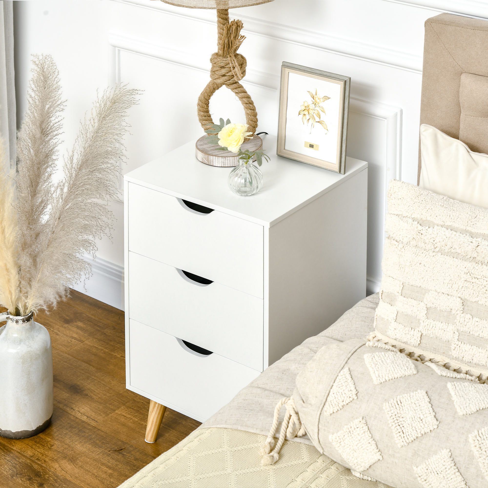 Bedside Table,Bedside Cabinet With 3 Drawers,Side End Table Pine Wood Legs