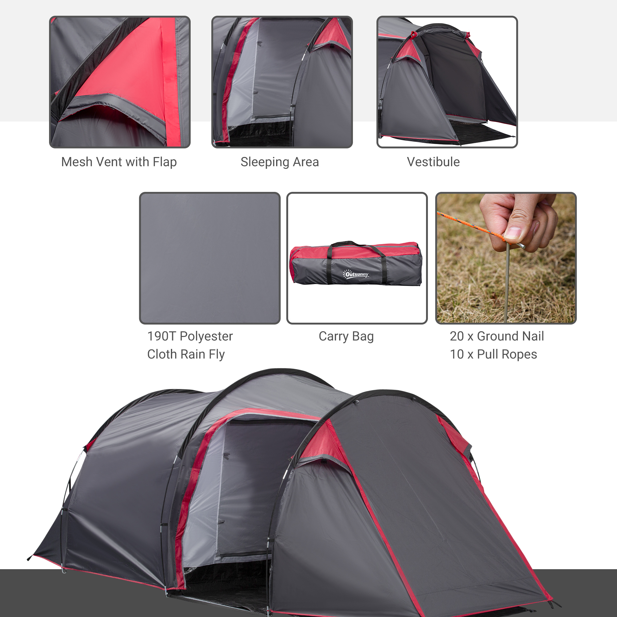 2-3 Person Tunnel Tent With Sewn-in Groundsheet,Air
