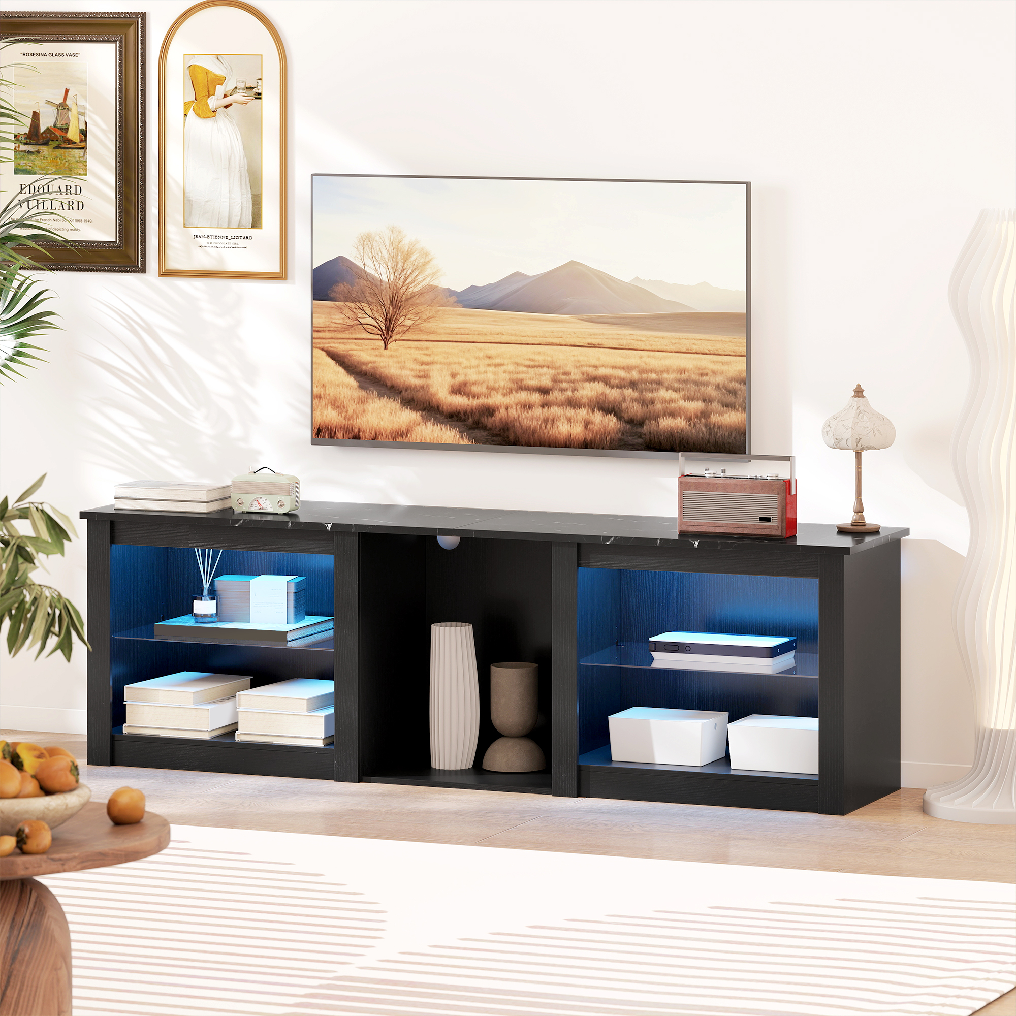 70" TV Stand,with LED Lights And Storage-Black — image 3